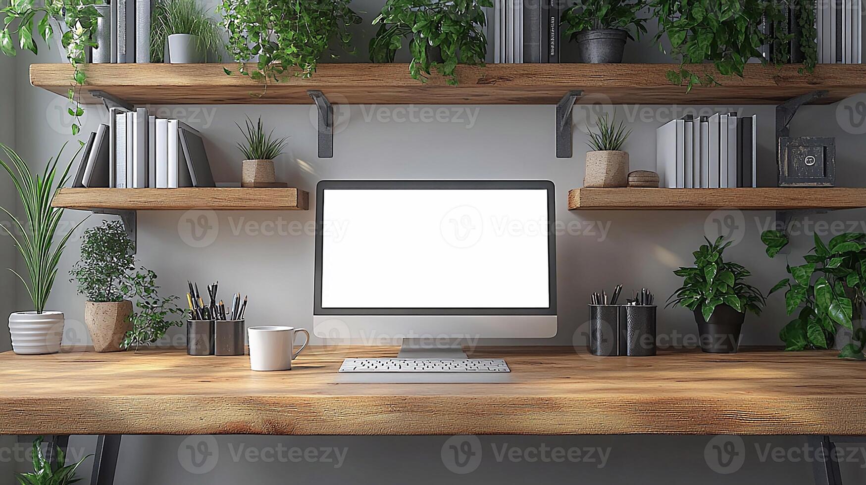 Organized desk with laptop mockup blank white screen, and coffee cup, home workspace aesthetic, 3D rendering. photo