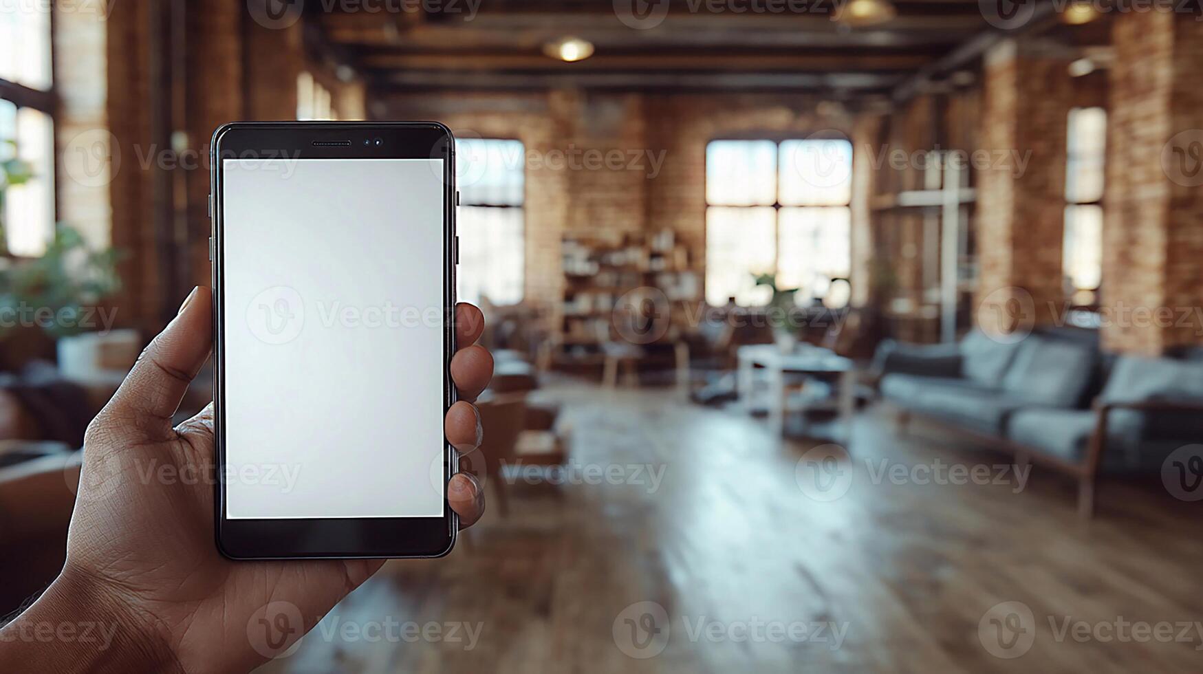 Close-up of hand holding smartphone with blank screen, cafe setting blurred in the background, warm tones, 3D rendering photo
