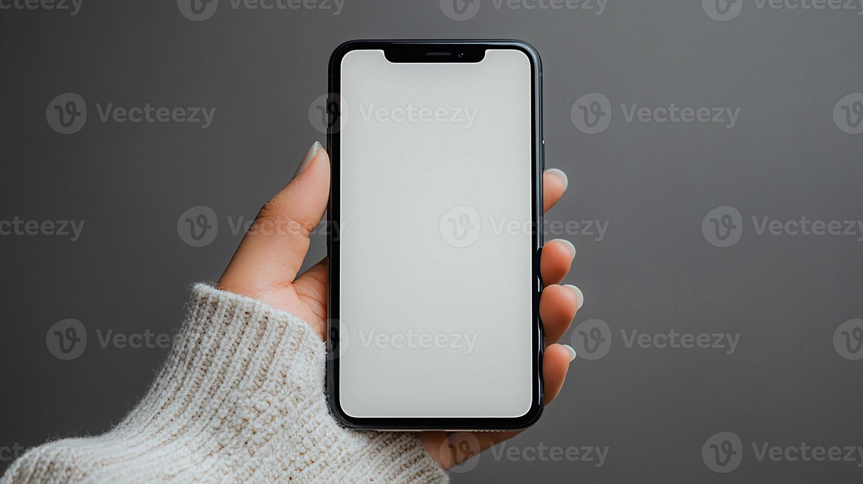 Realistic cropped image of smartphone mockup held by hand, blank white screen, blurred coffee shop decor background, 3D rendering. photo