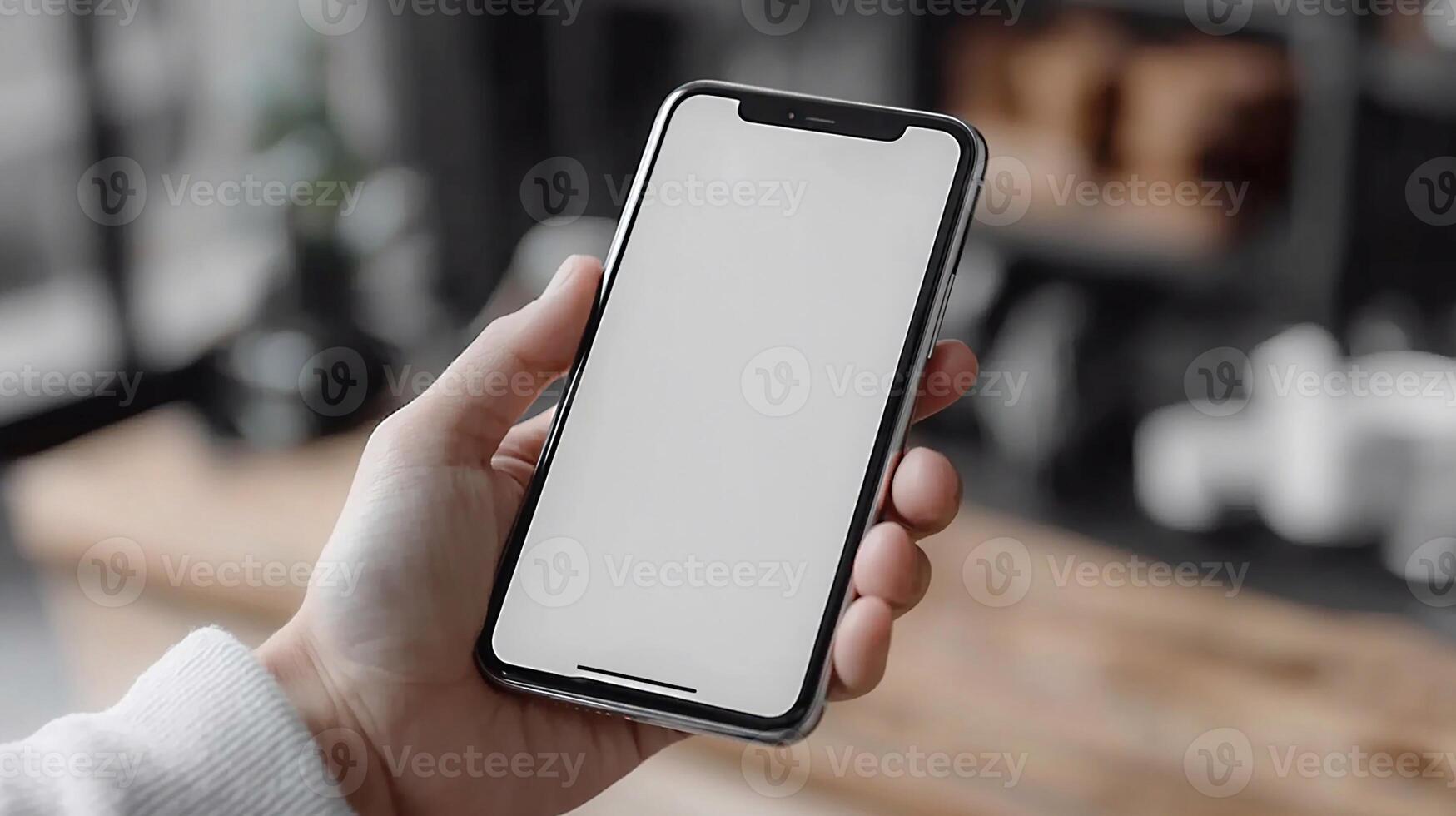 cropped image of smartphone mockup held by hand, blank white screen, blurred coffee shop decor background, 3D rendering photo