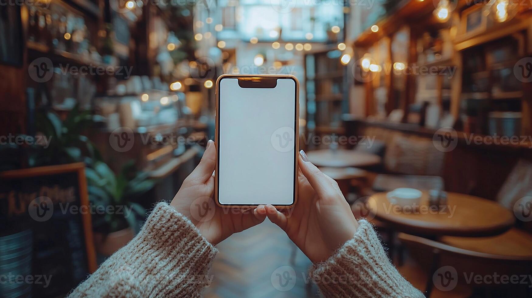 Realistic hand holding smartphone showing blank white screen, cozy cafe background with blurred tables and chairs, 3D rendering photo