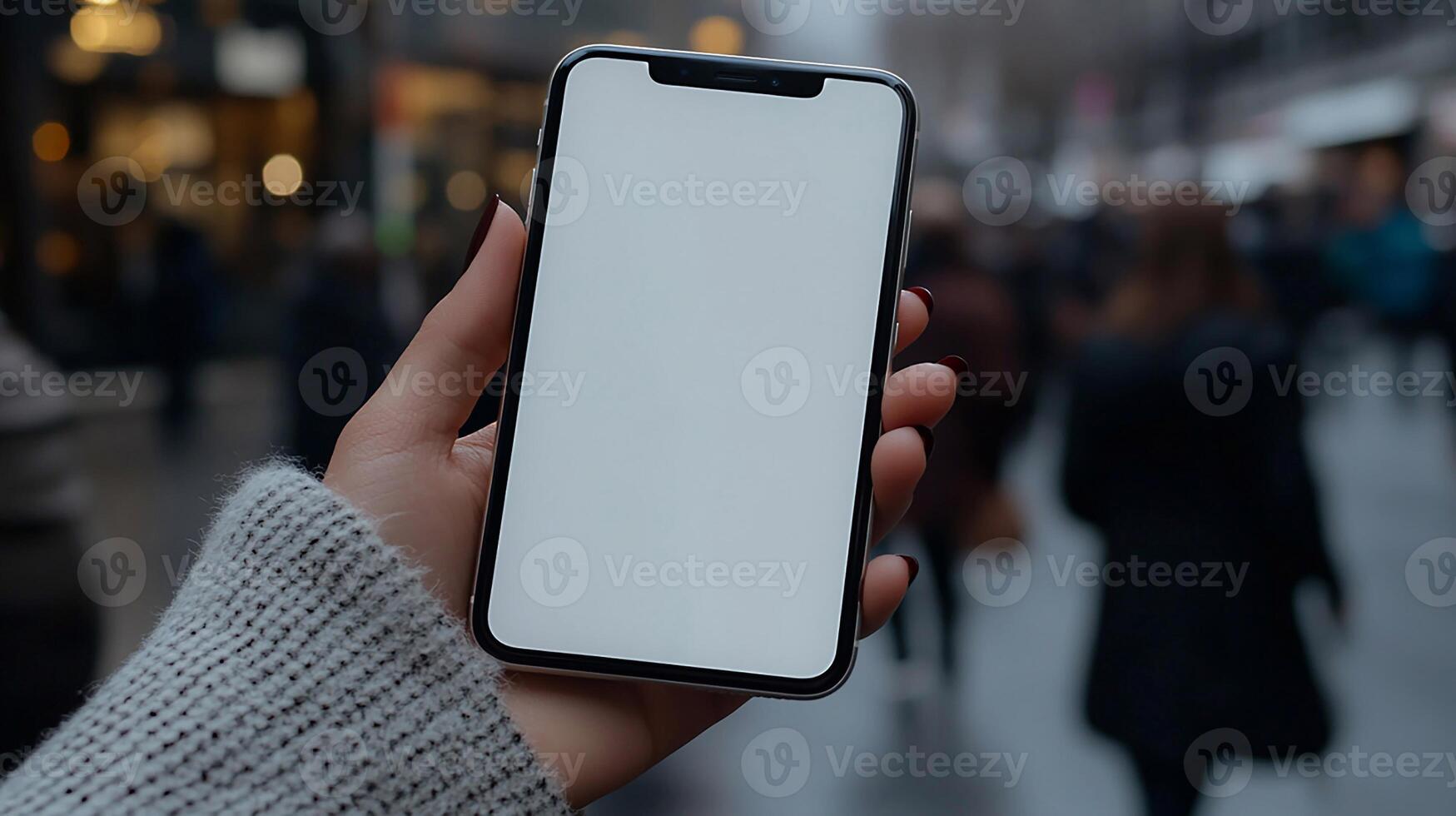 cropped image of smartphone mockup held by hand, blank white screen, blurred coffee shop decor background, 3D rendering. photo