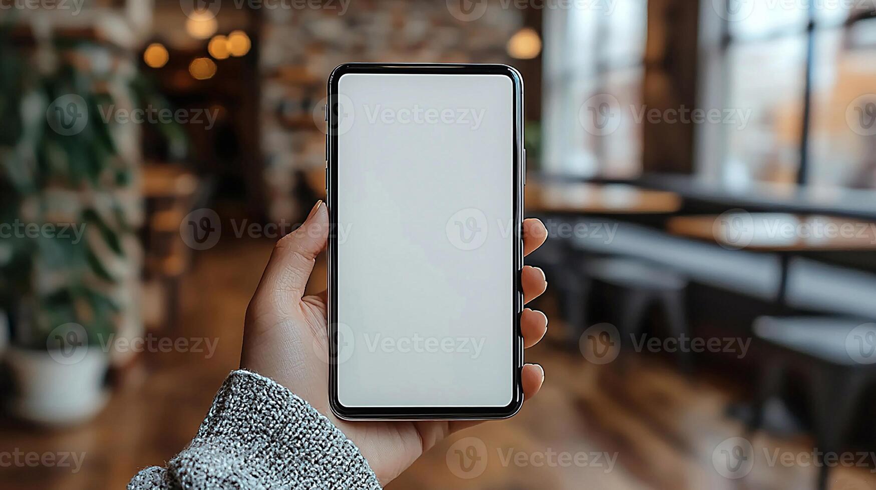 Realistic image of smartphone mockup with white blank screen, held by hand, blurred stylish cafe background, photo