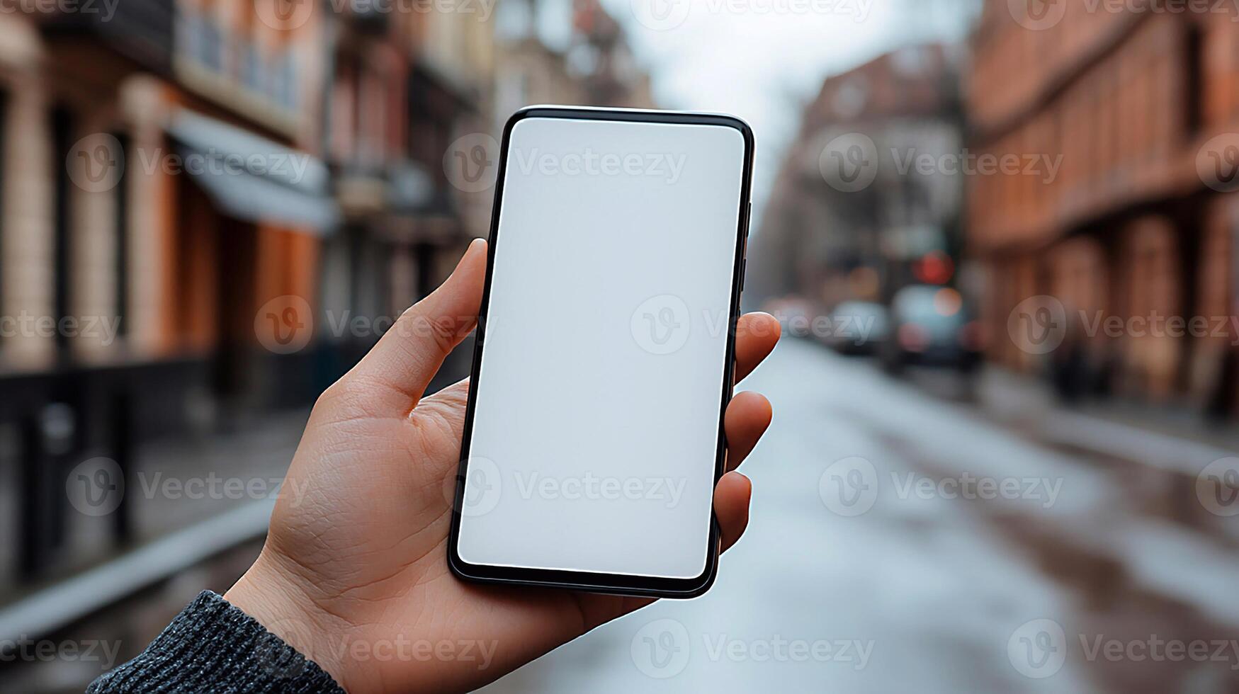 Cropped close-up of hand holding smartphone, blank screen glowing white, blurred stylish cafe background, 3D rendering photo
