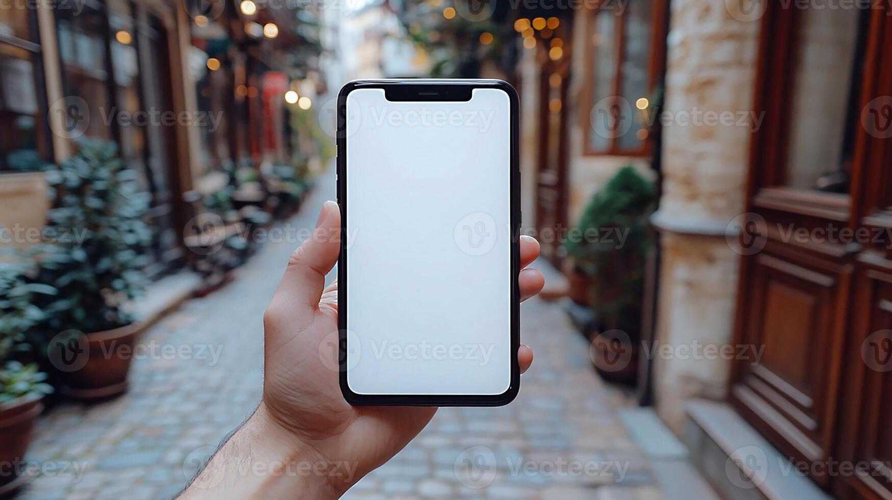 Realistic hand holding smartphone mockup with blank white screen, blurred cafe background, soft lighting, 3D rendering photo