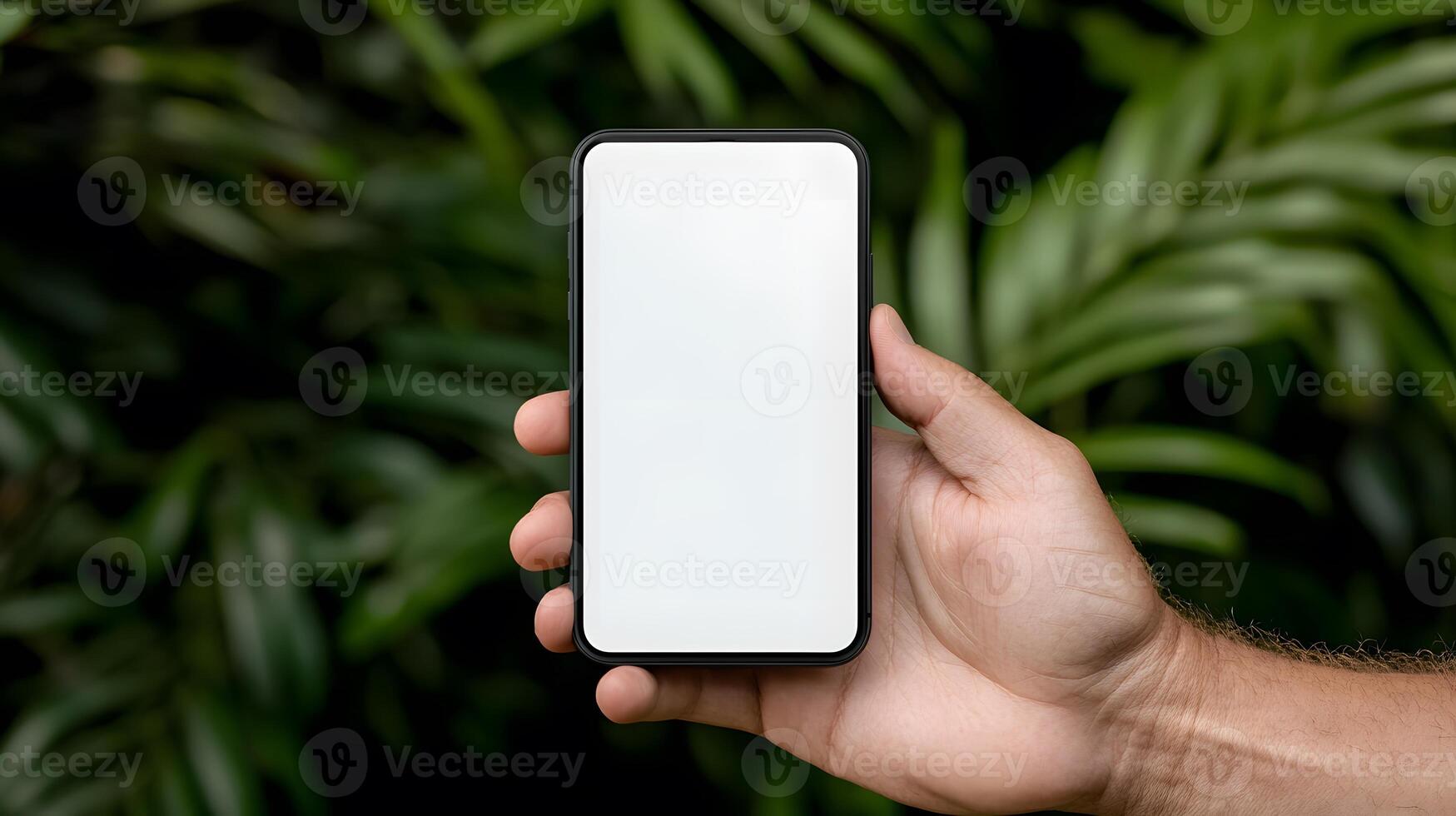 hand holding smartphone mockup outdoors with natural green background photo
