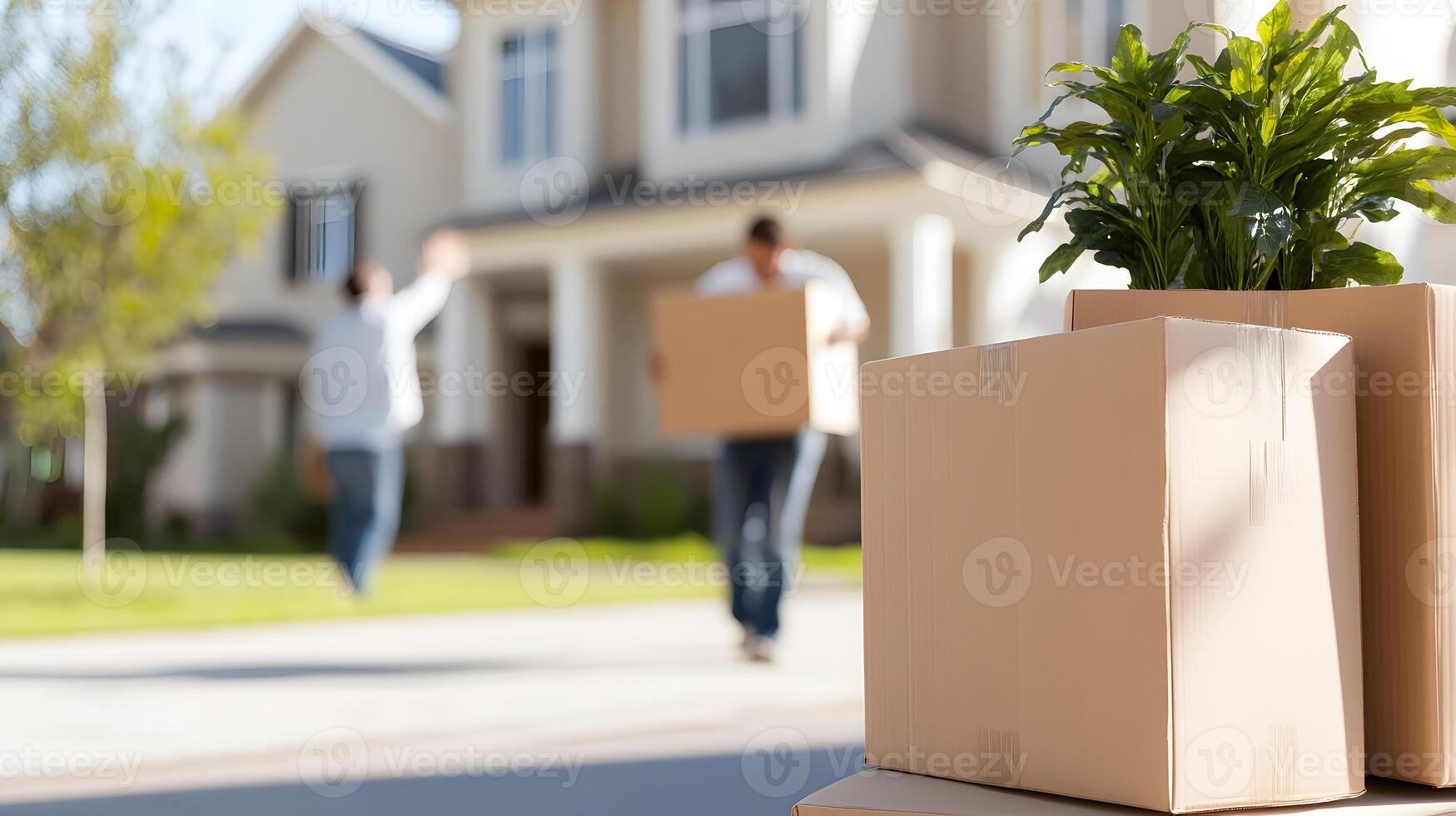 Couple moving into their new home carrying boxes while the real estate agent waves goodbye at the door photo