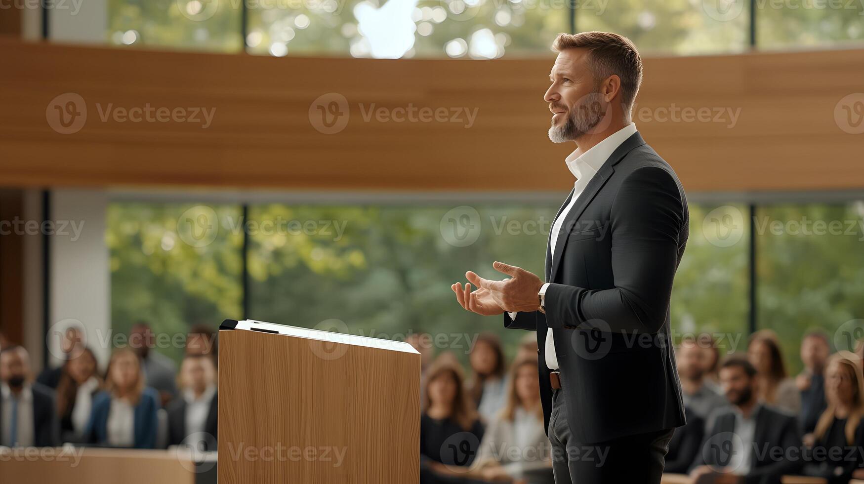 Inspiring CEO delivering a speech to a diverse group of employees in an open workspace, full body wide angle photo