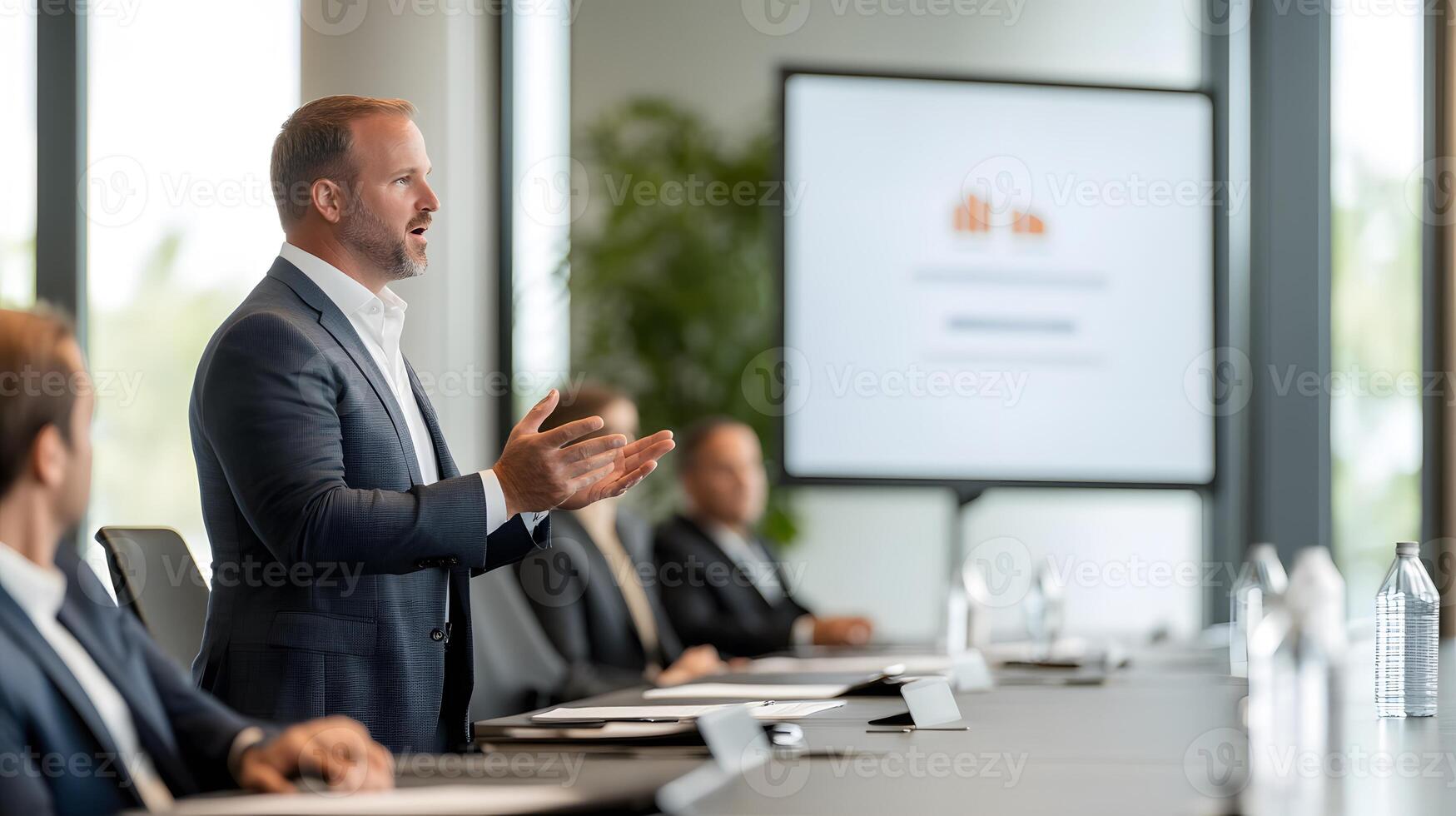 Professional CEO presenting to team in a sleek conference area, full body wide angle photo