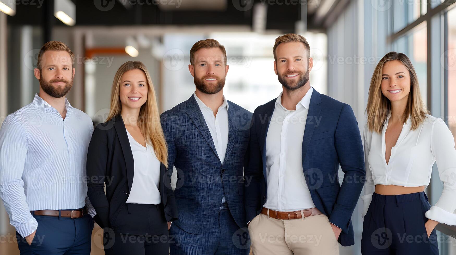 Group of professionals standing confidently near project board, workplace setting, full body wide angle photo