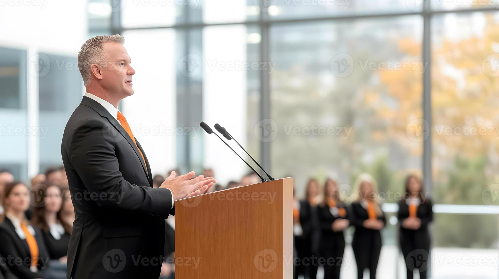 CEO with a positive demeanor addressing a diverse group of employees, corporate office background, full body wide angle photo