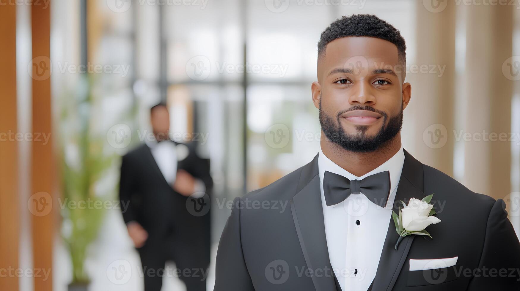 Groom posing in tailored tuxedo while best man adjusts the tie in a luxurious fitting room photo