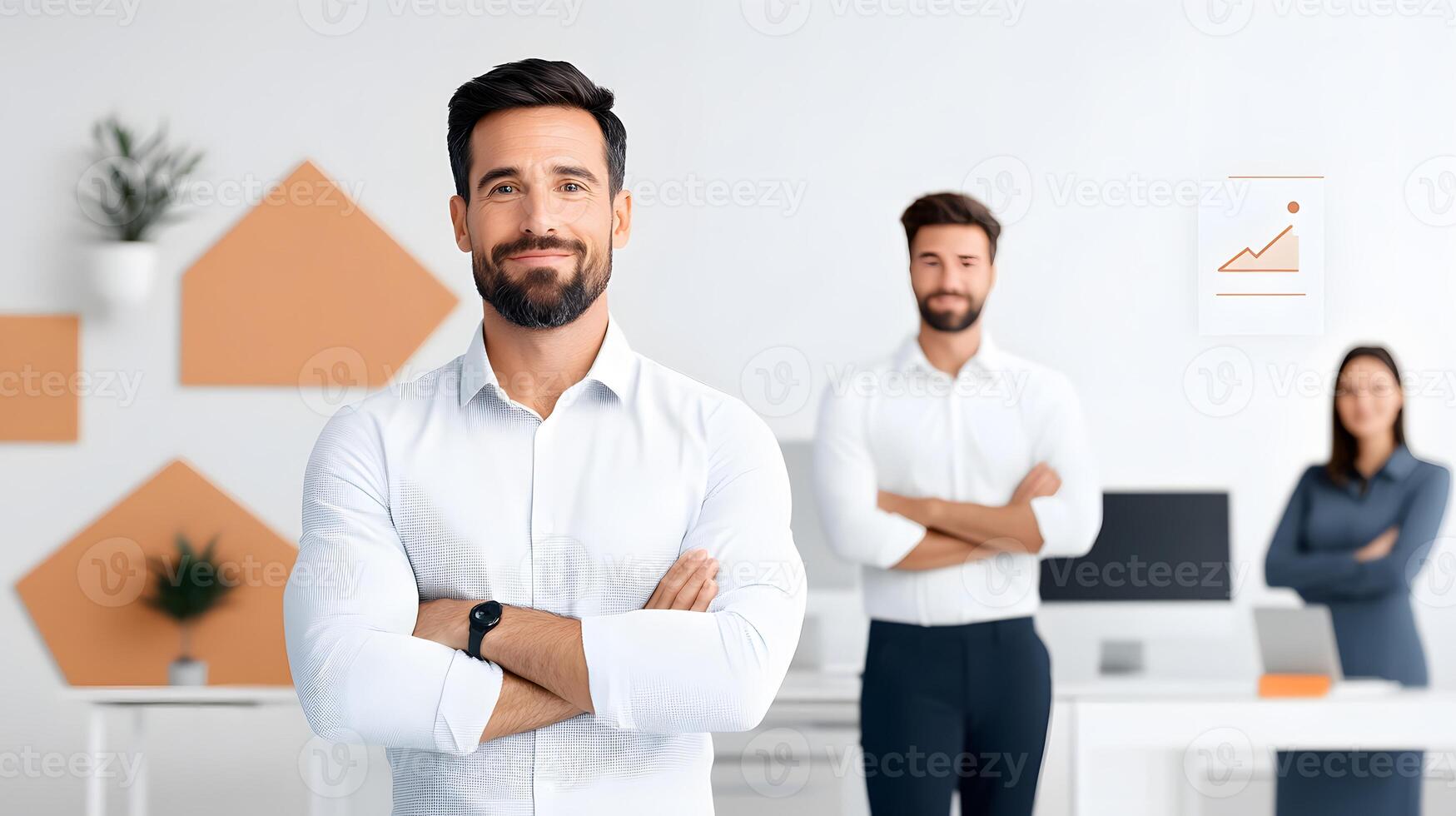 Confident executive leader standing in a relaxed pose with employees behind, modern office design, full body wide angle photo