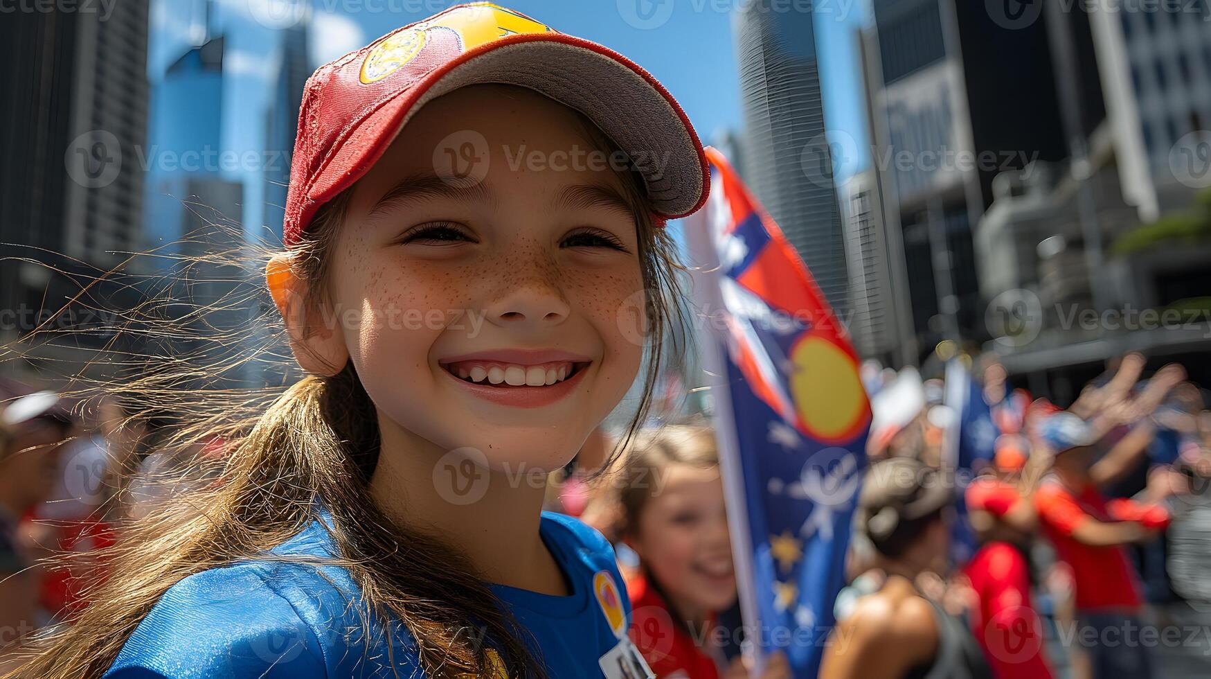Families and friends cheering at an Australia Day parade, performers marching with banners and flags, open street view photo