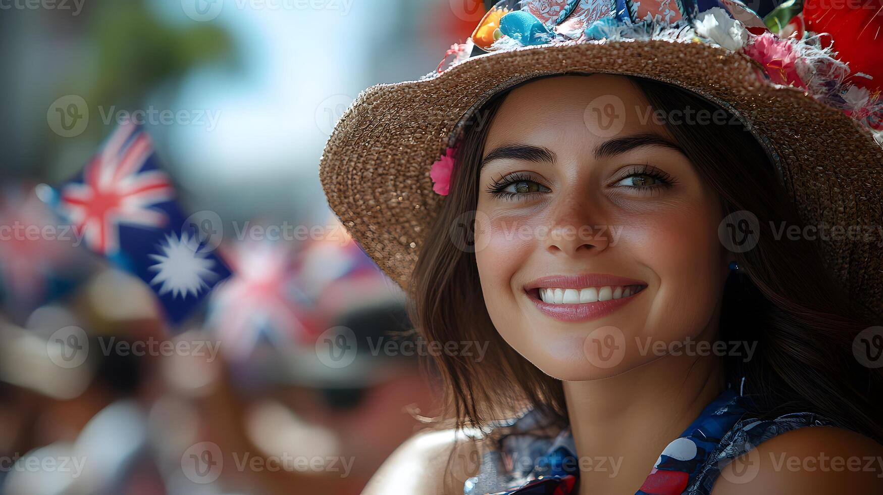 Parade spectators in a festive mood on Australia Day, watching colorful floats and waving flags, bright and cheerful setting photo