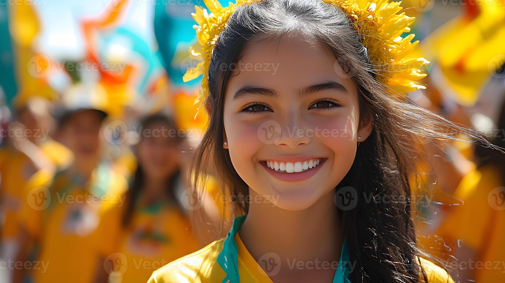 A vibrant parade scene on Australia Day with diverse group of people waving flags and celebrating, sunny day, cheerful atmosphere photo