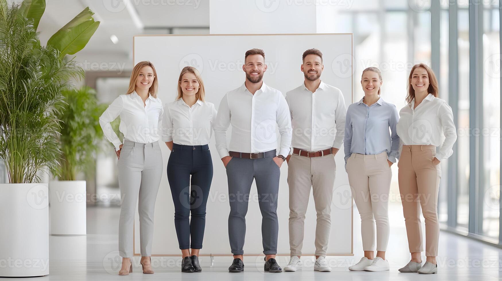 Cheerful group of employees standing near brainstorming board in a modern workspace, full body wide angle photo