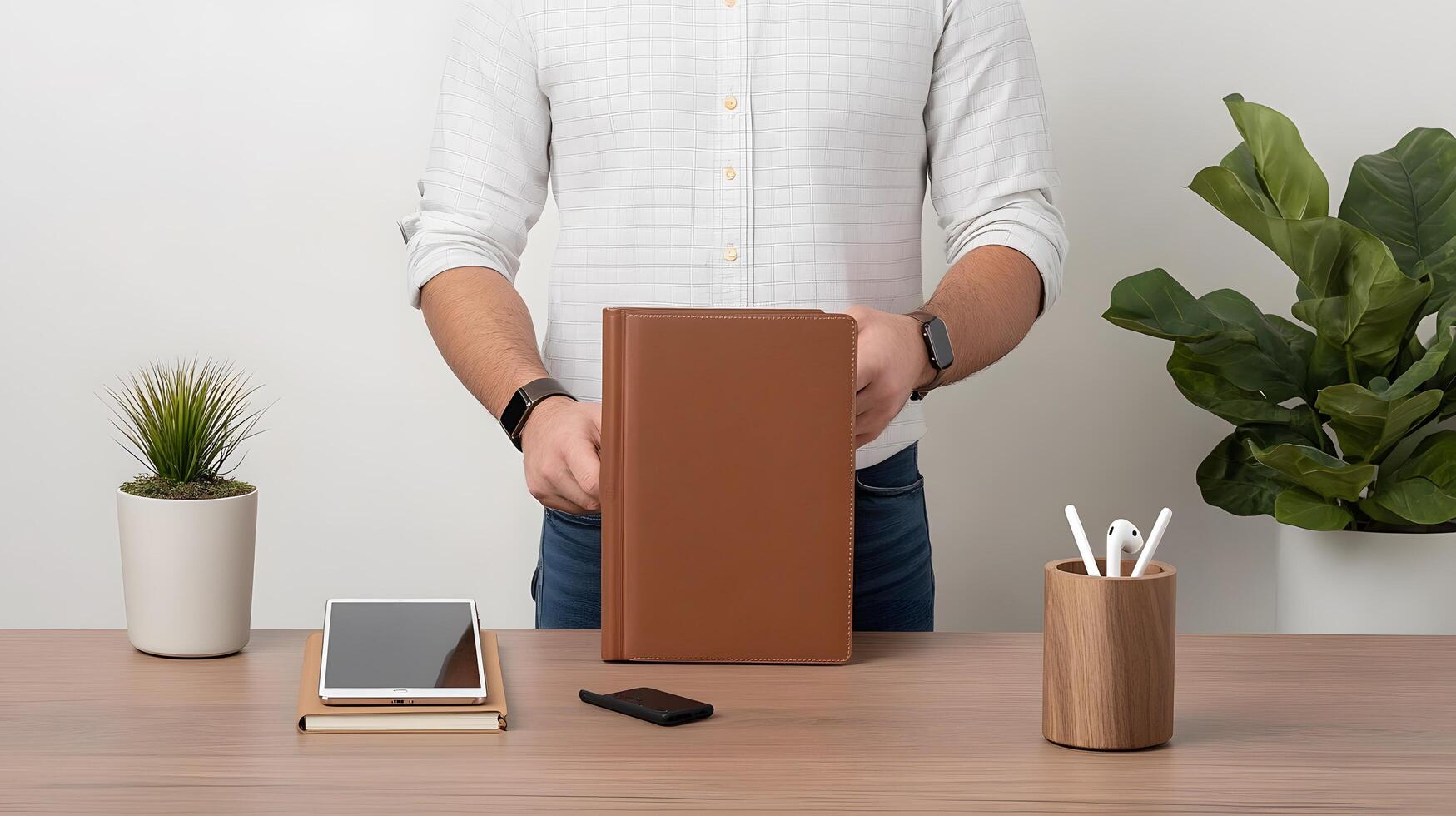 A flat-lay of productivity essentials including a notebook, tablet, phone, and wireless earbuds on a wooden table photo
