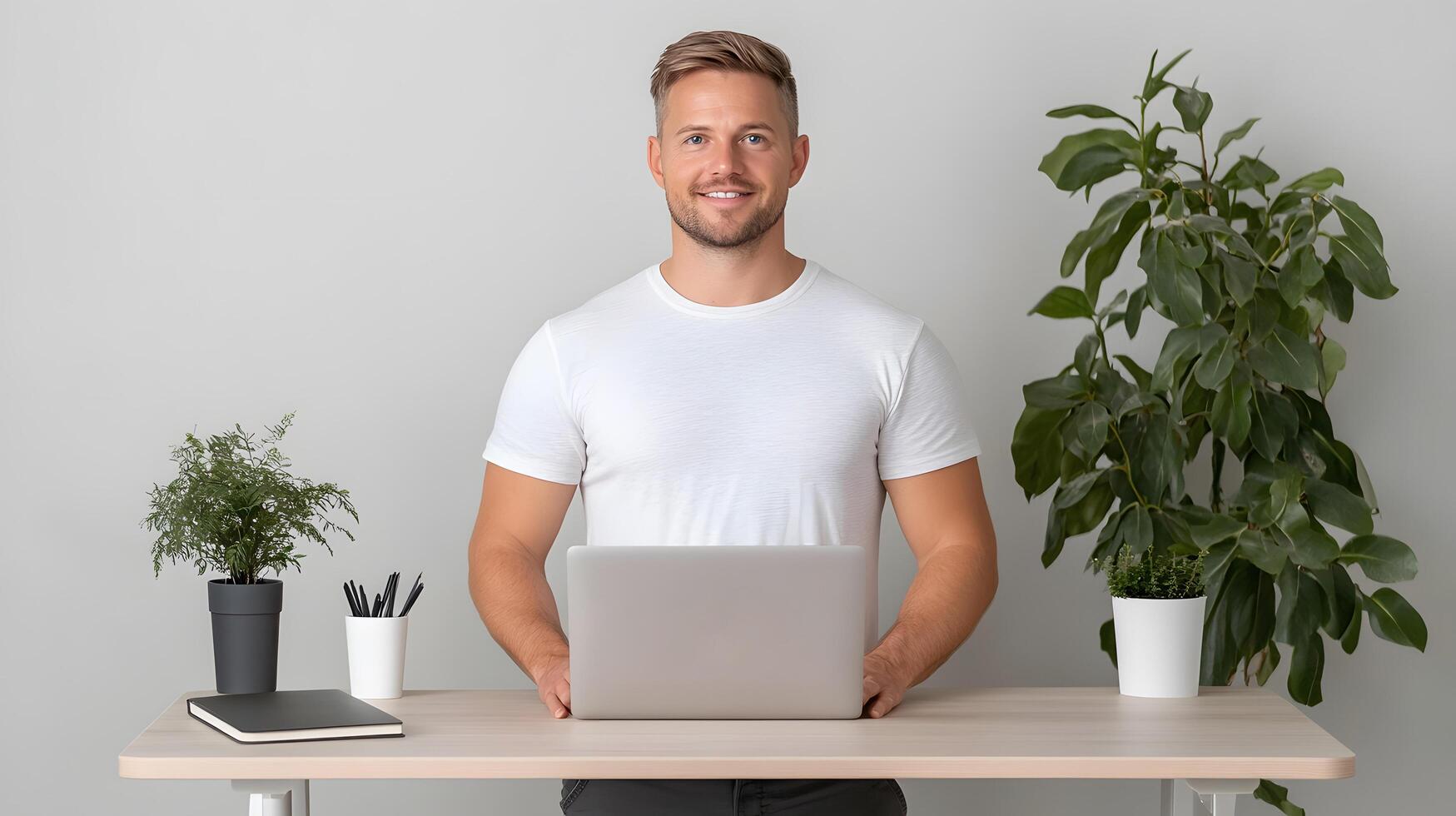 A professional using a standing desk for improved productivity while working remotely photo