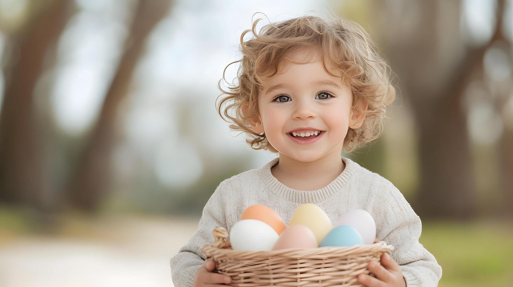 A toddler holding a bright egg-filled basket in a sunny park, capturing the joy of Easter photo