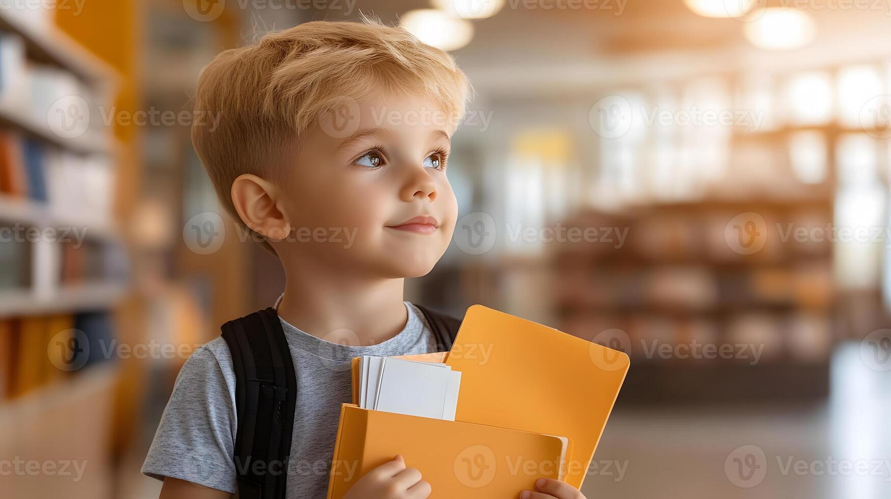 A back to school shopping scene with a student picking out stationery and textbooks in a well-lit store photo