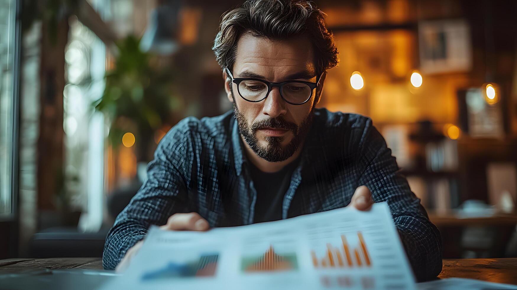 Investor reviewing a detailed report on global stock indices in a quiet office photo