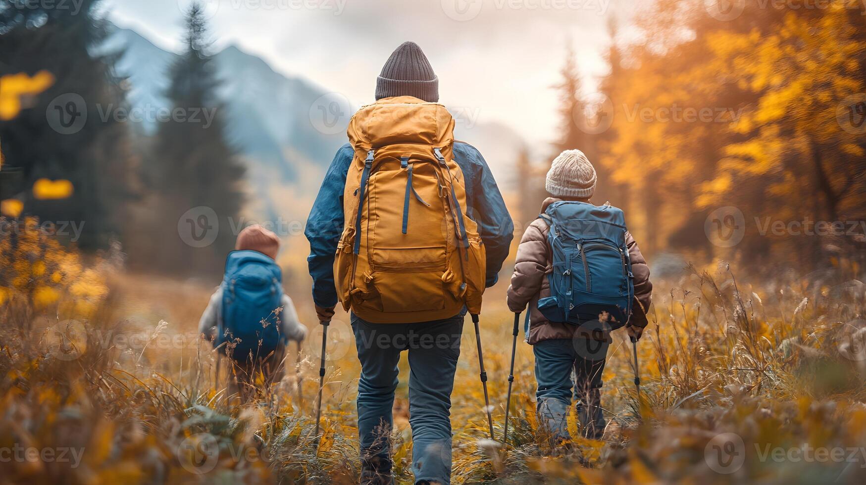 Family taking scenic hike through a national park during school break photo