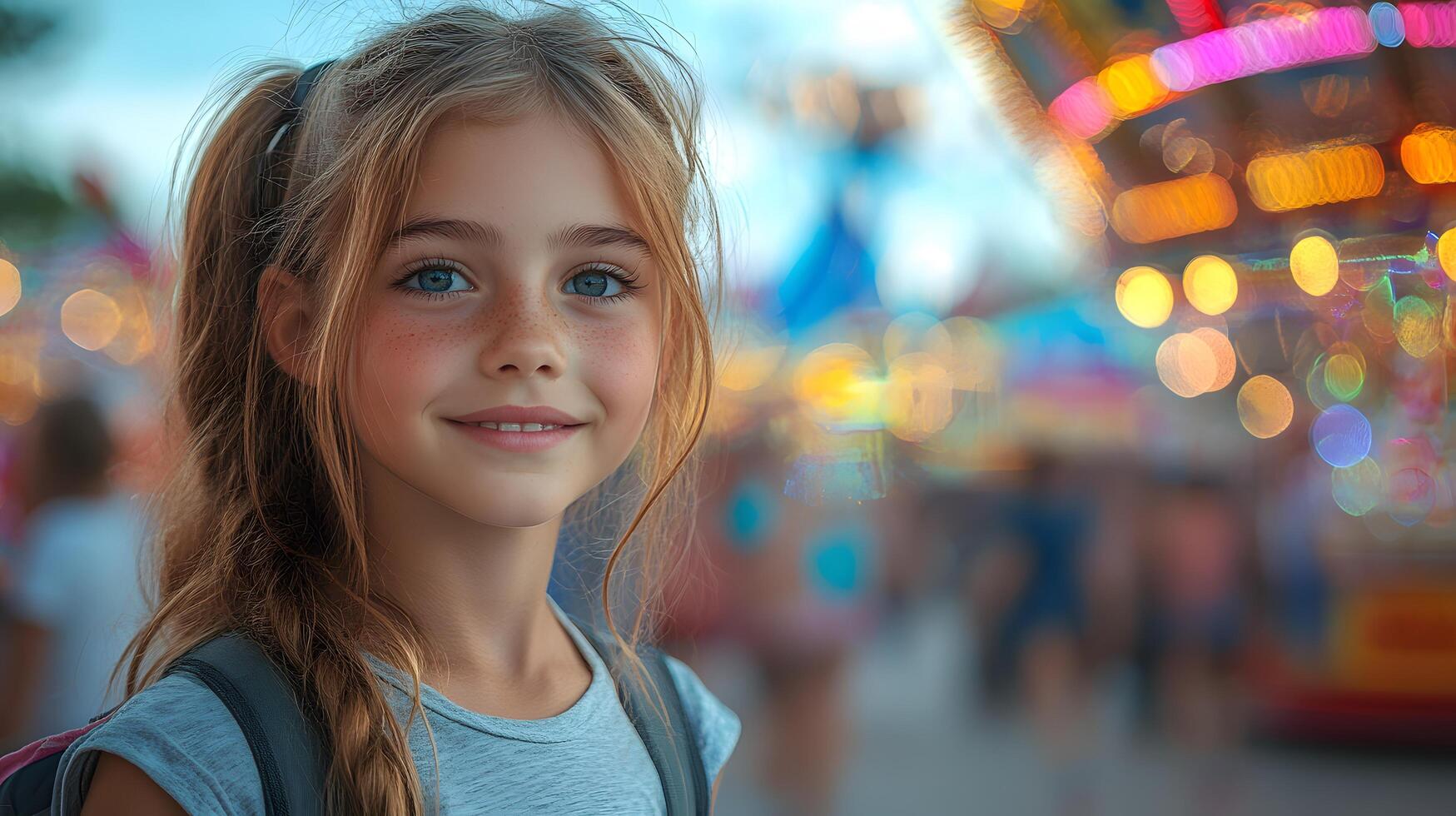 Teens exploring a local fair with carnival rides and vibrant lights photo