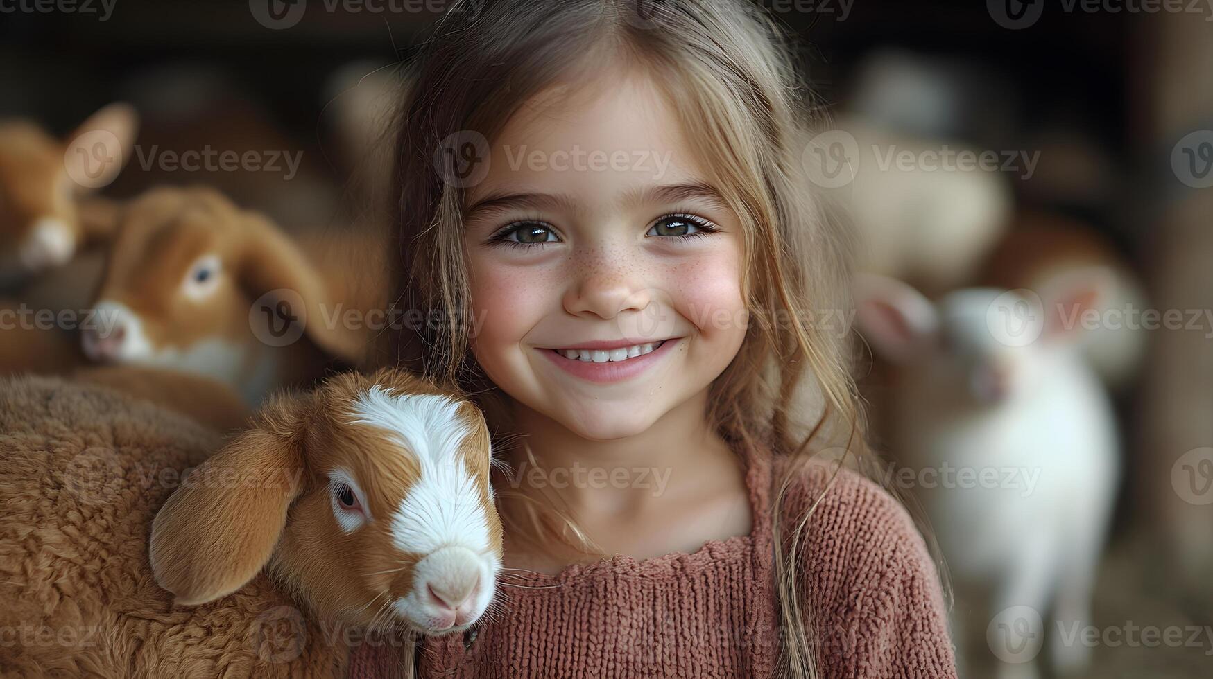 Kids enjoying a petting zoo visit with playful animals in the summer. photo