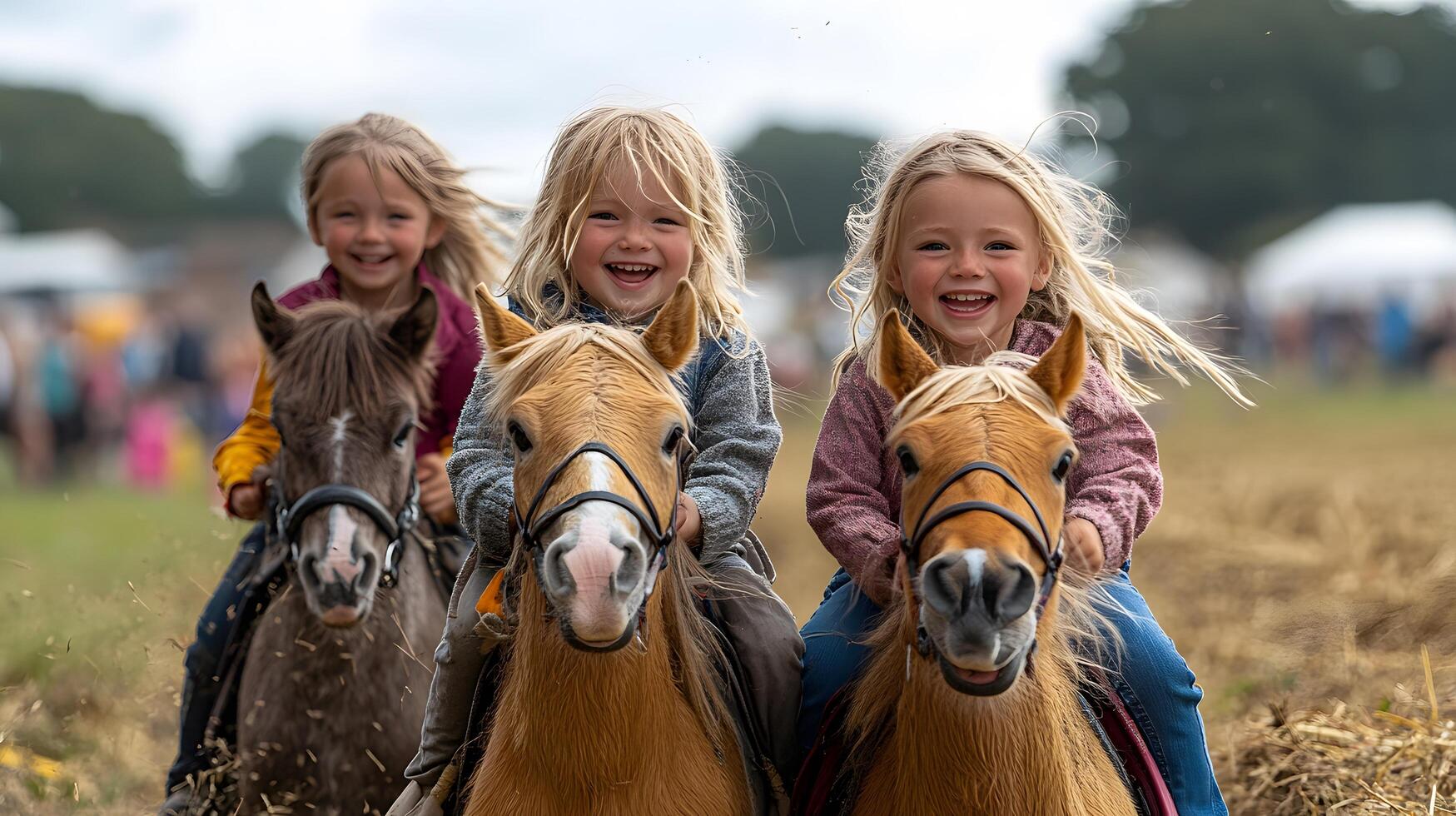 Children enjoying a pony ride at a local summer festival event photo