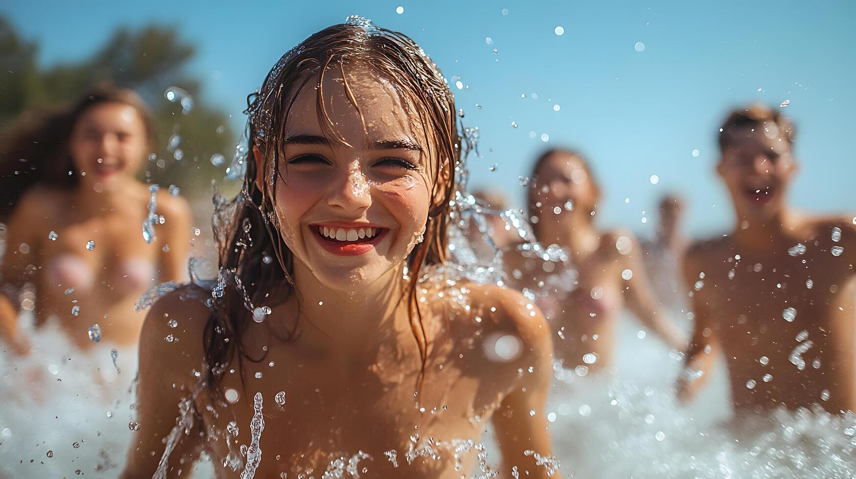Group of friends having a water balloon fight in a sunny backyard photo