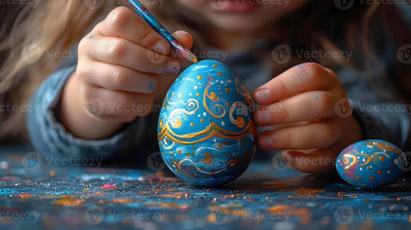 A close up of a child painting a beautiful design on an Easter egg, with paint splatters on the table photo