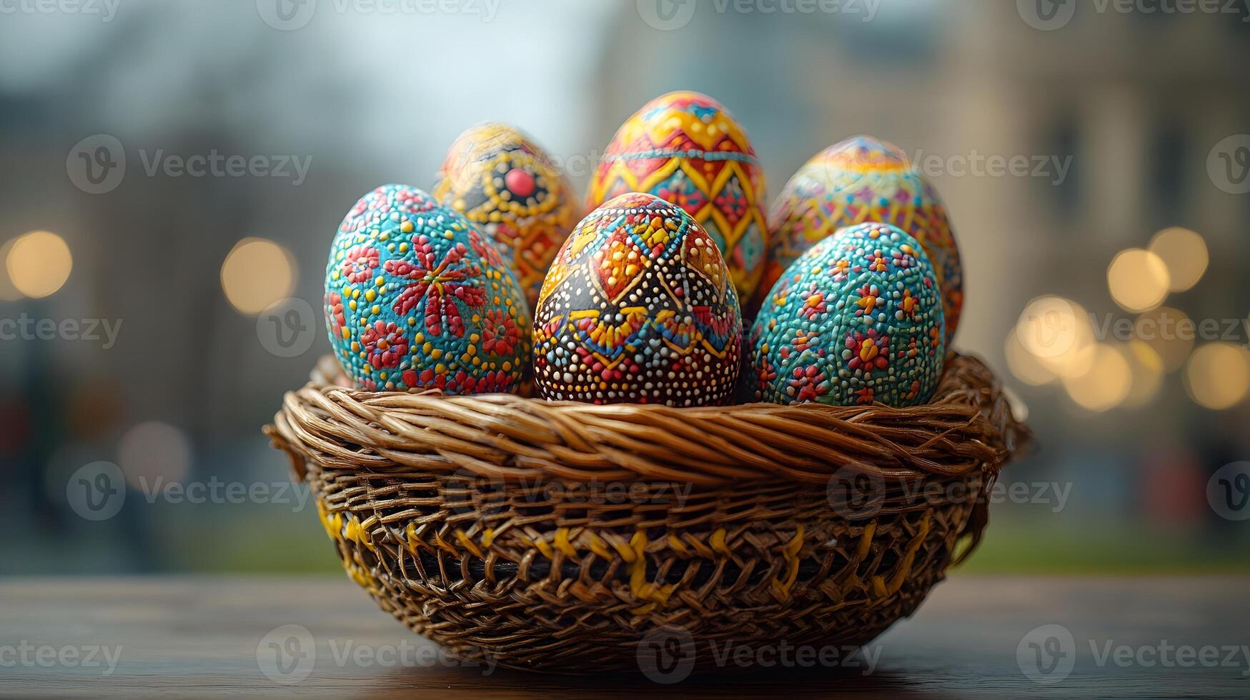 A close-up of basket filled with intricately decorated Easter eggs, showcasing bright patterns and designs photo