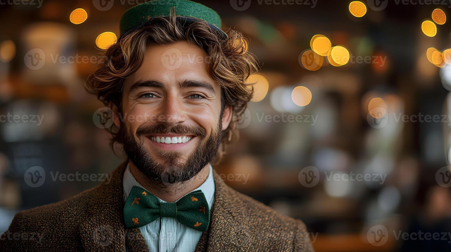 Smiling person wearing a green leprechaun costume with a bow tie and top hat in front of a festive background photo