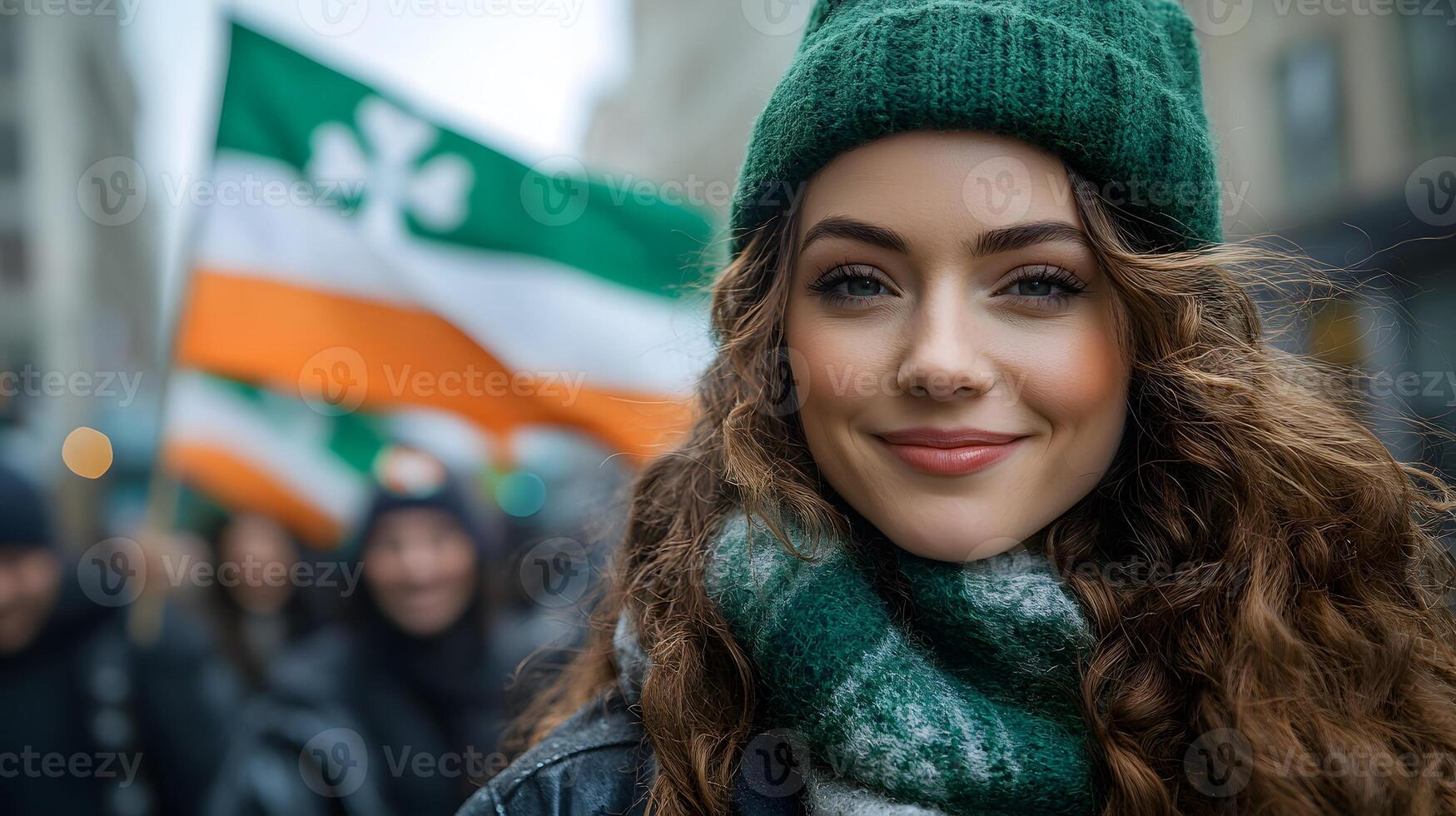 St Patricks Day parade with Irish flags, dancers, and people celebrating with joyful expressions photo