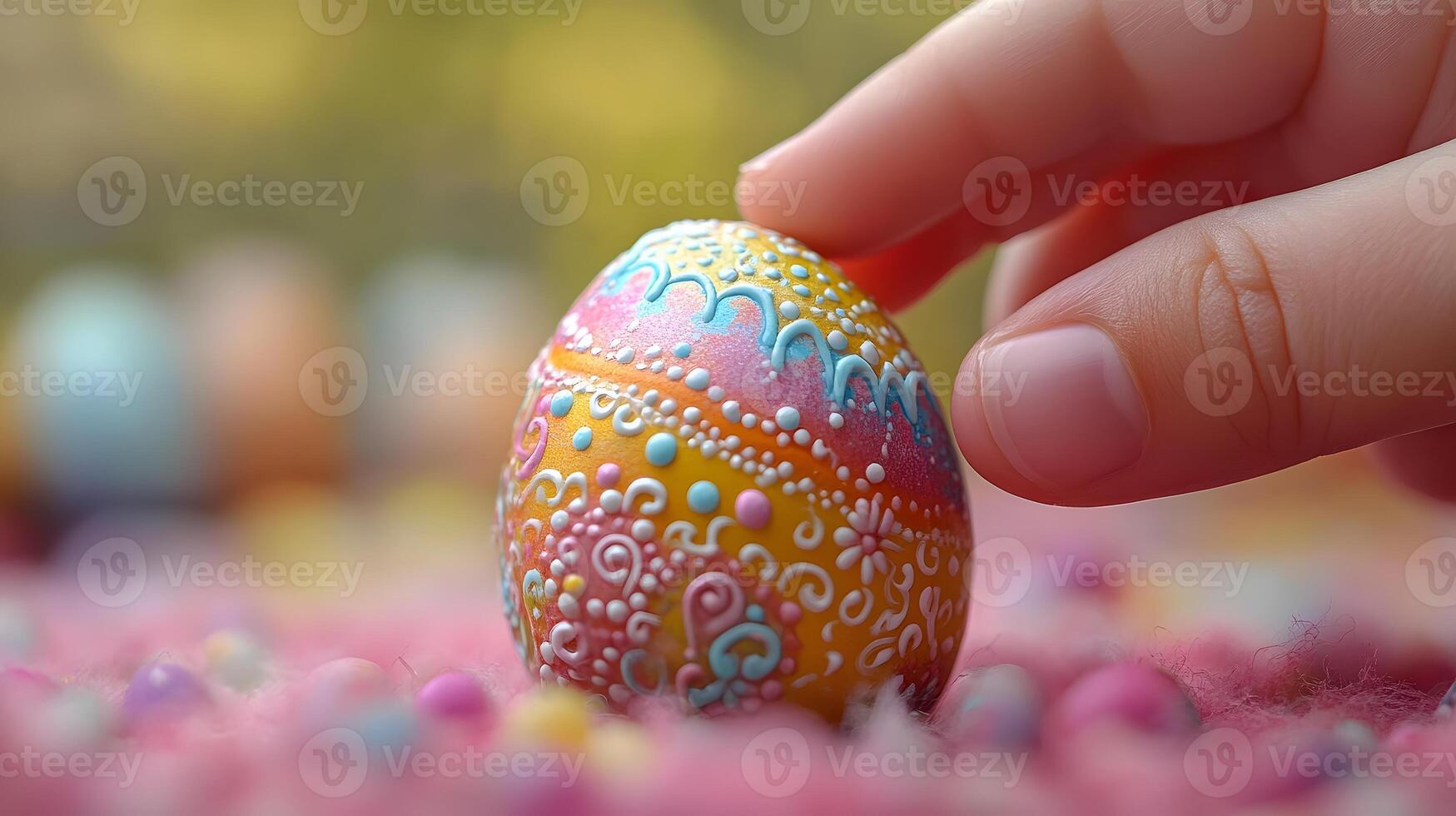 A child's hand gently decorating an Easter egg with intricate, vibrant colors, placed on a soft, pastel background photo
