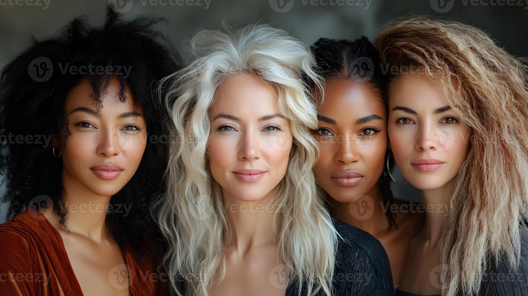 Portrait of multiracial group of women standing shoulder to shoulder with a bold and confident expression photo