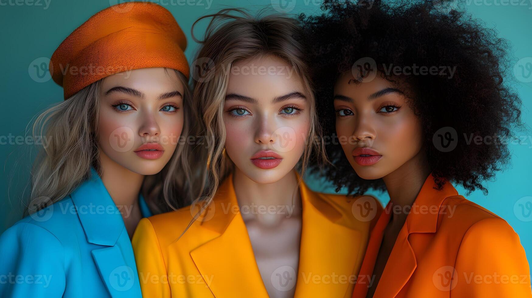 Empowered women from different ethnicities standing together in a studio with bold colors and minimalistic styling photo