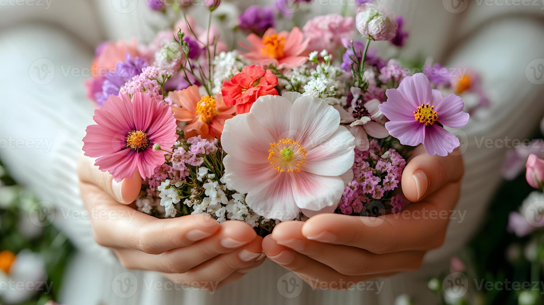 Feminine hands presenting mix of flowers on a clean white surface, creating a stylish and sophisticated aesthetic photo