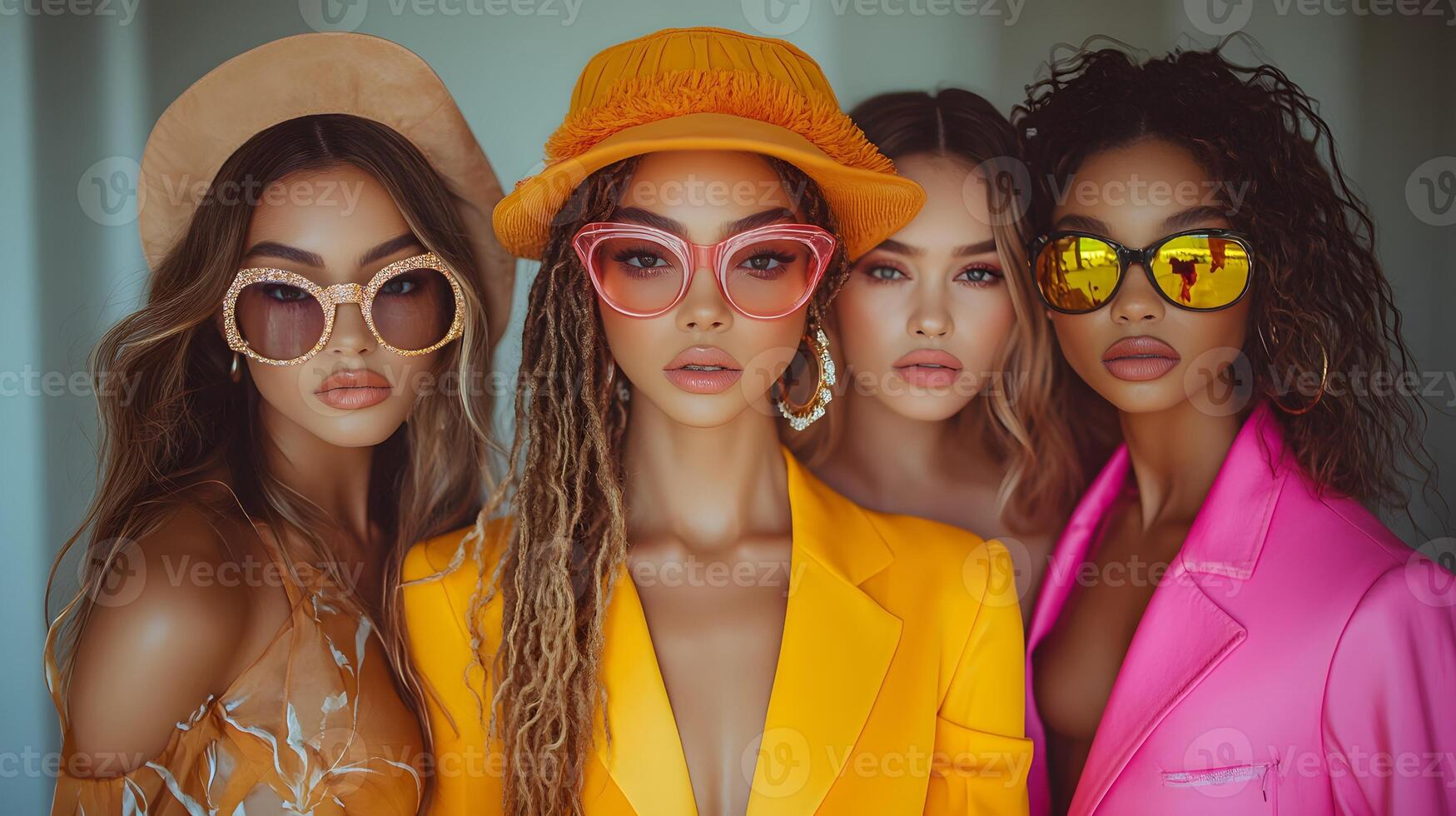 diverse women posing together in vibrant outfits with a backdrop of urban architecture photo