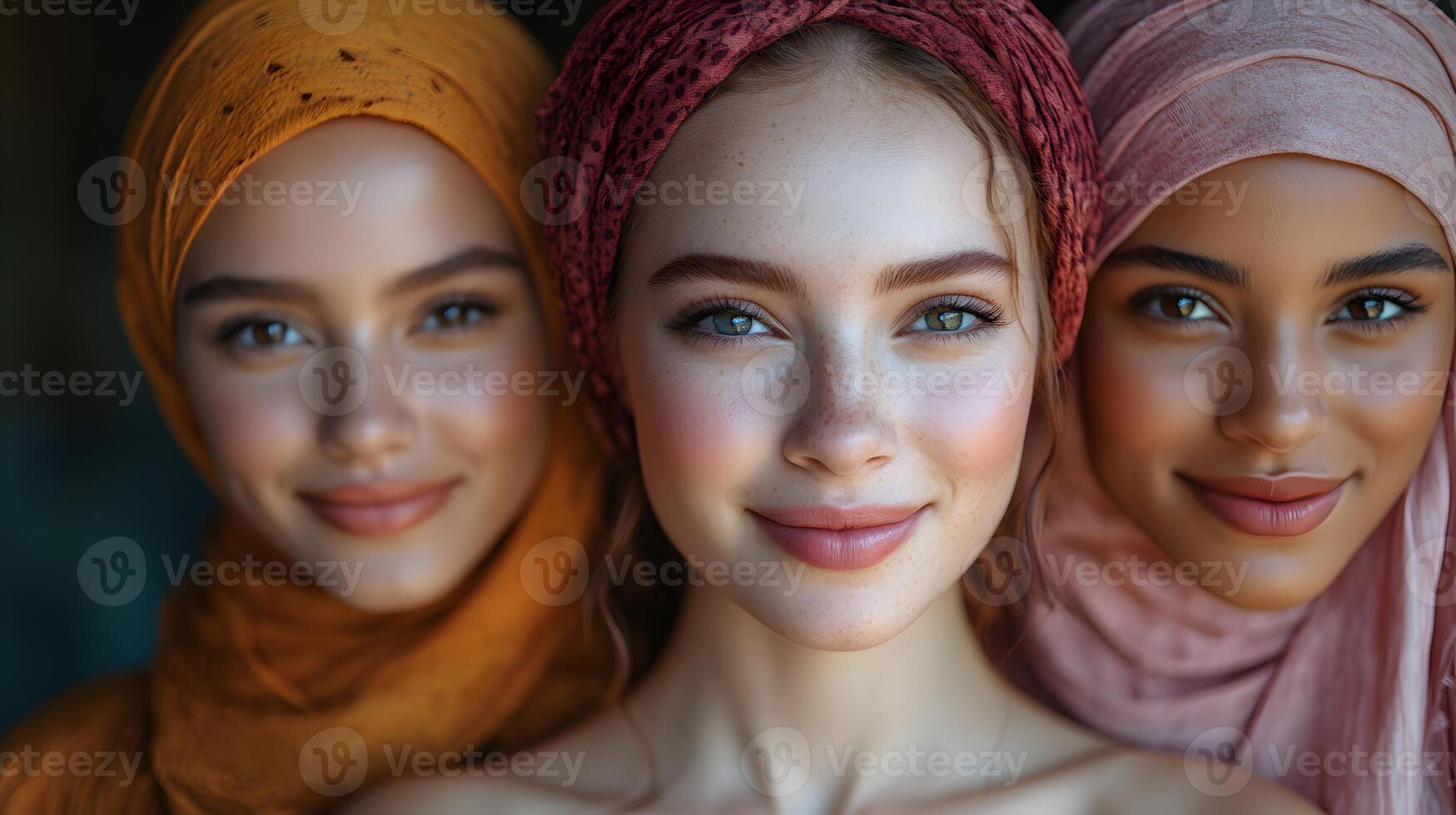 Women from different cultural background smiling and standing side by side in casual outfits, celebrating inclusivity photo