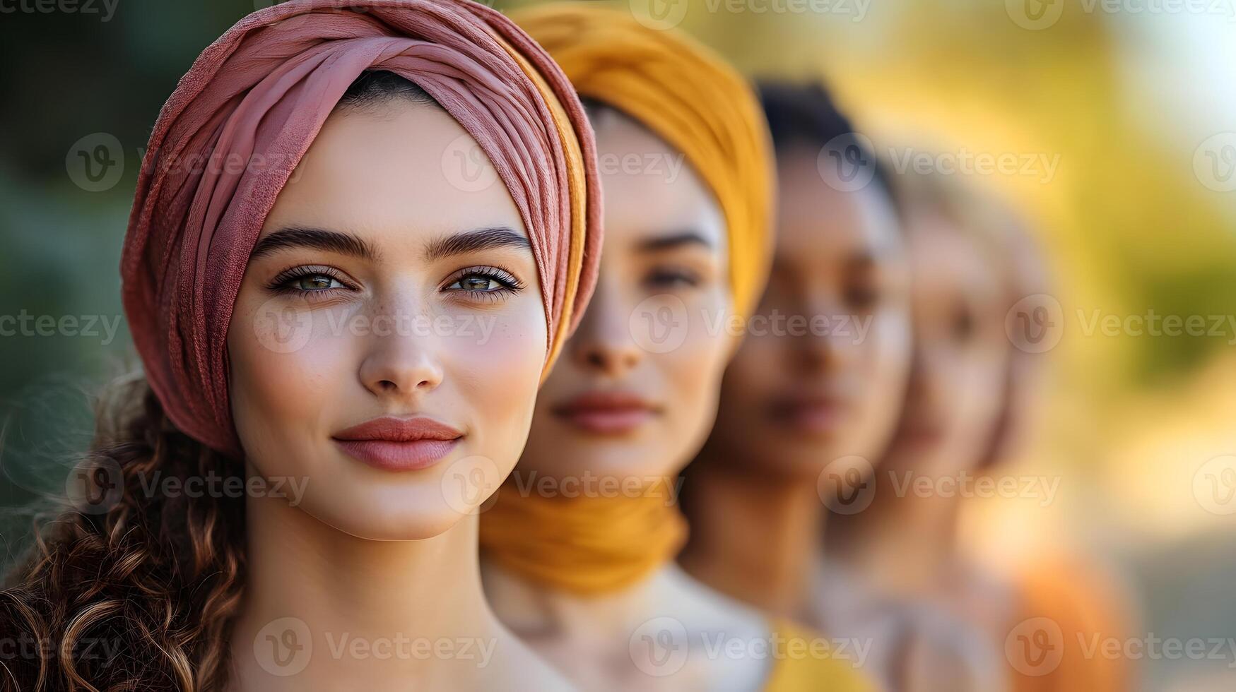 Modern image of women from various cultures standing together on a sunny day, representing unity and harmony. photo