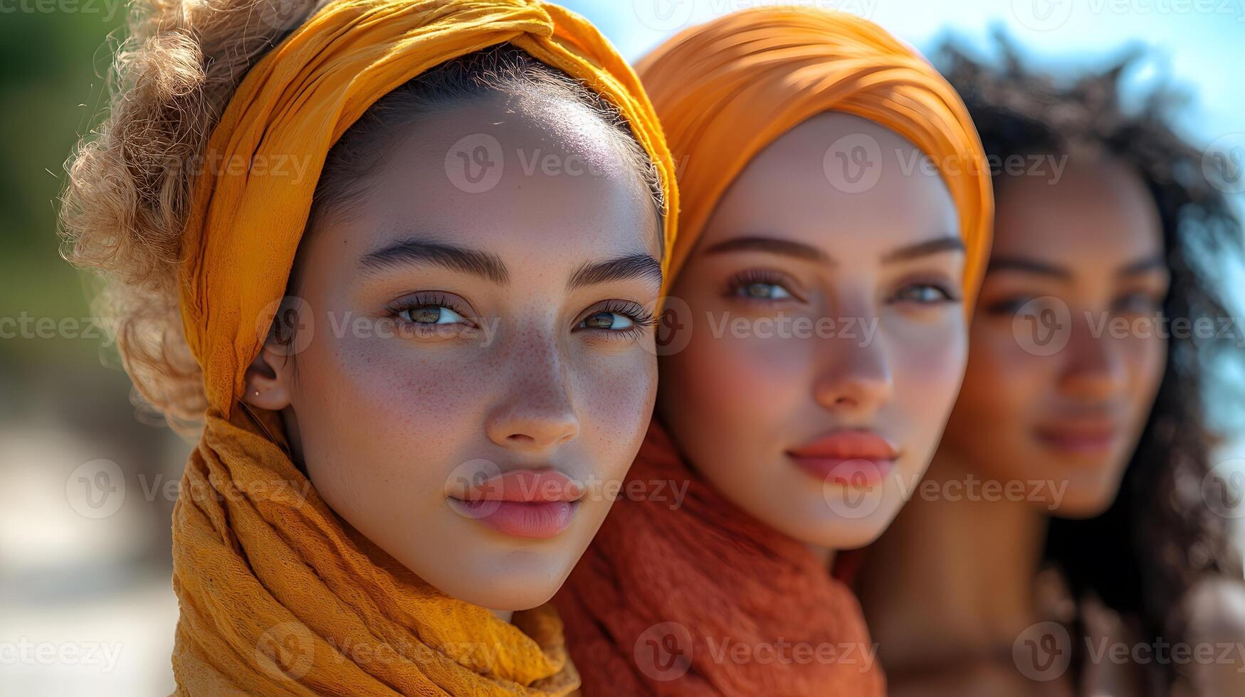 Modern women from various cultures standing together on a sunny day, representing unity and harmony photo