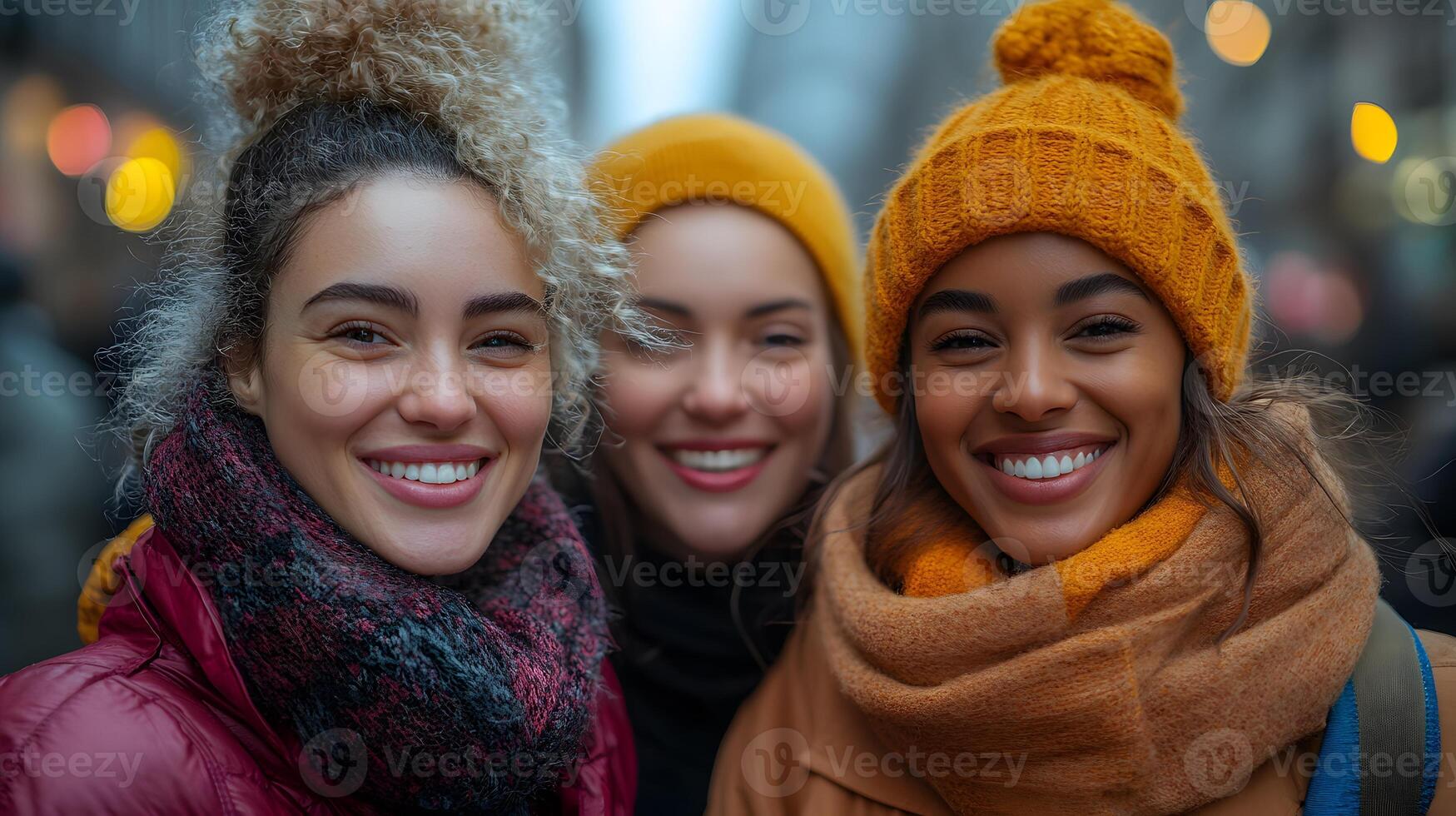 Candid shot of women in diverse attire laughing together in a cityscape environment emphasizing friendship and diversity. photo