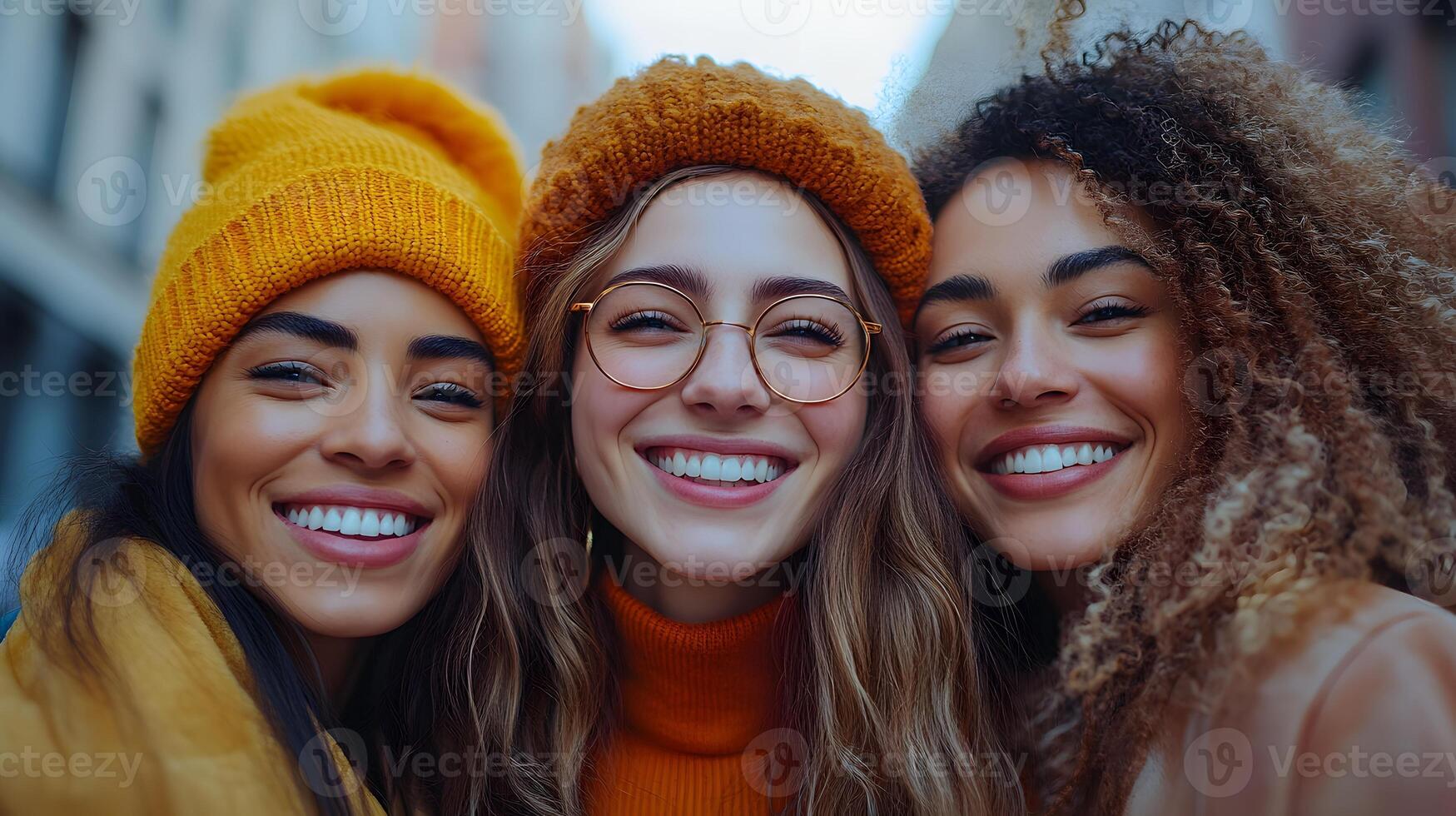 Candid shot of women in diverse attire laughing together in a cityscape environment, emphasizing friendship and diversity. photo