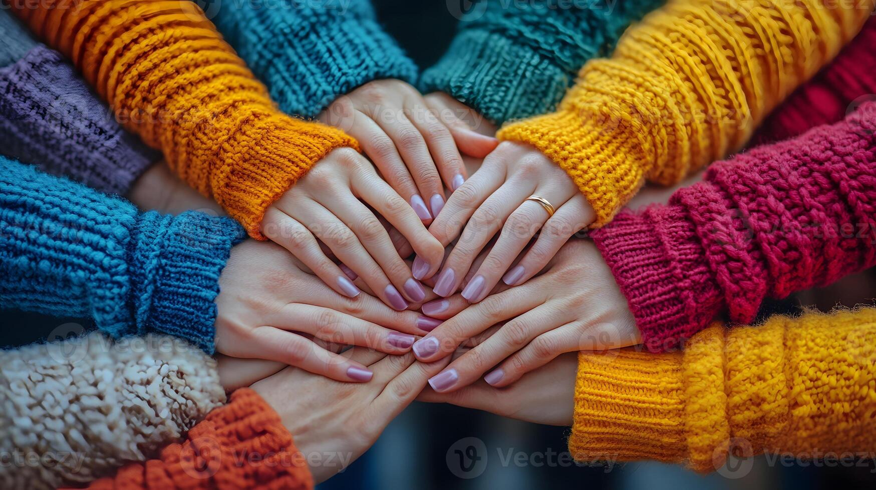 Hands of multiple women joining together in a stack, symbolizing teamwork and collaboration photo