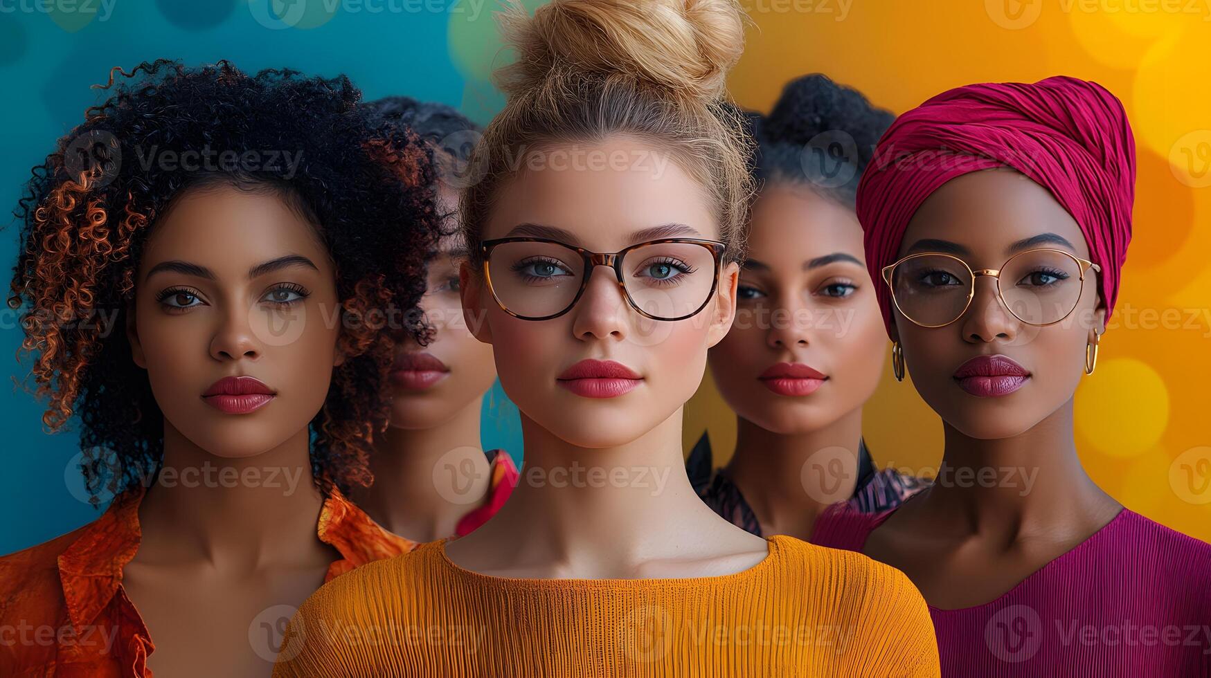 Group of diverse women standing confidently together in a vibrant outdoor setting, showcasing unity and strength. photo