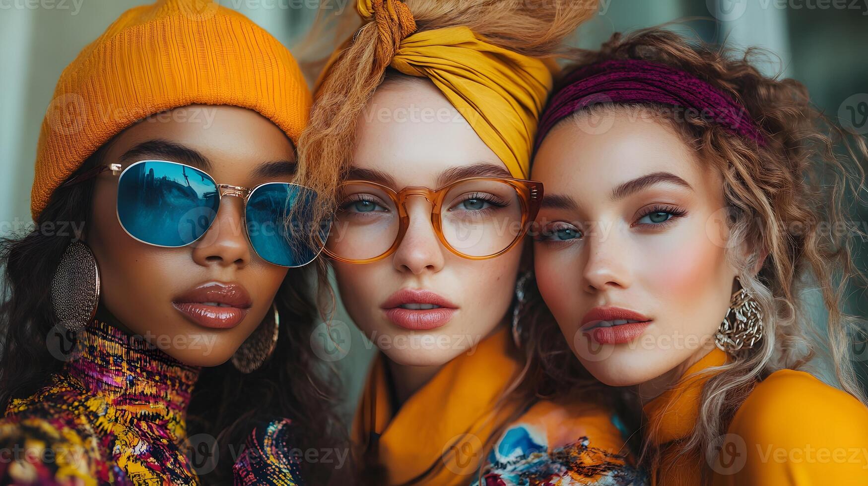 Dynamic shot of diverse women posing together in vibrant outfits with a backdrop of urban architecture. photo