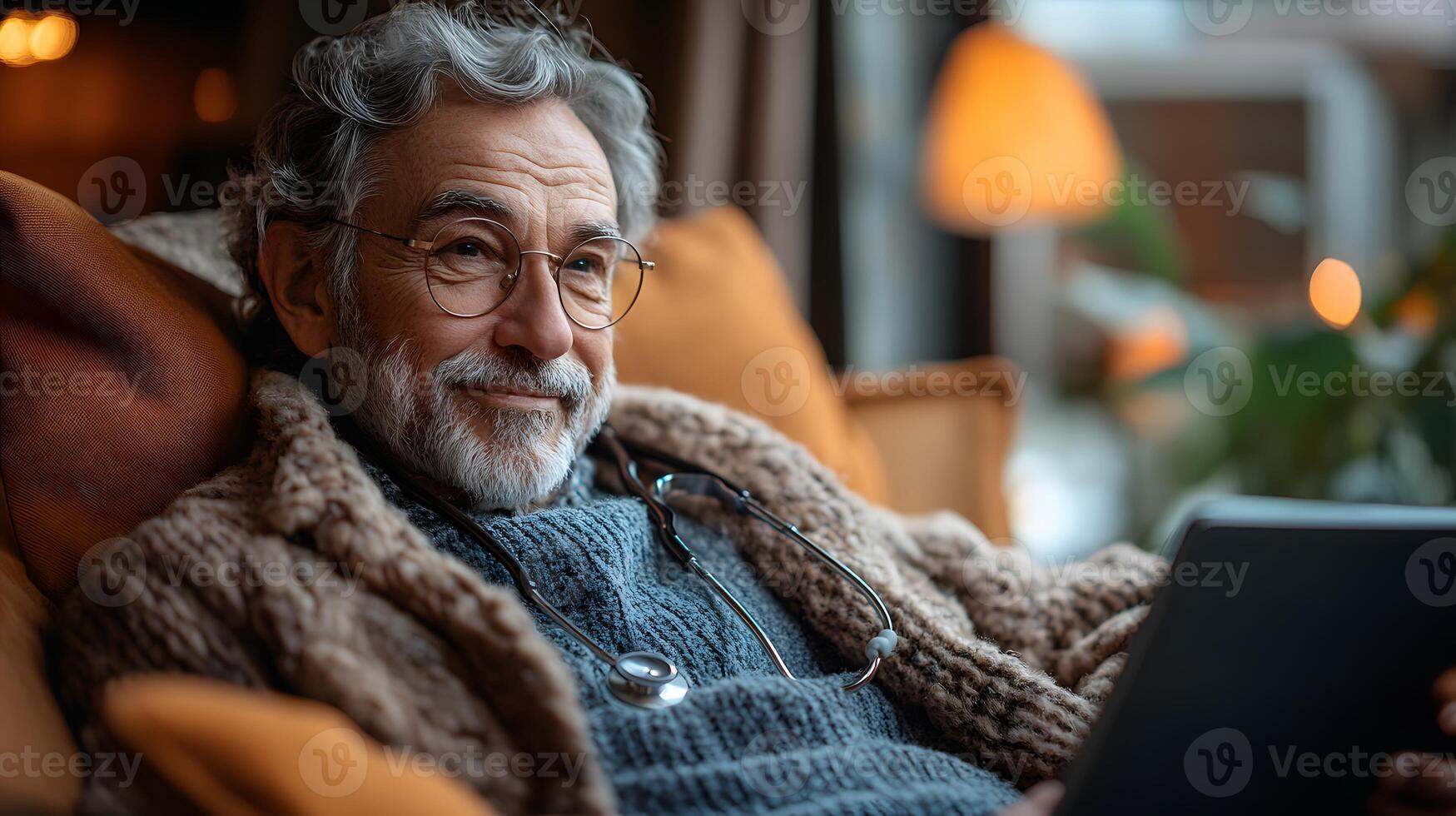 Patient using advanced telemedicine platform in comfortable home setting with digital health integration. photo