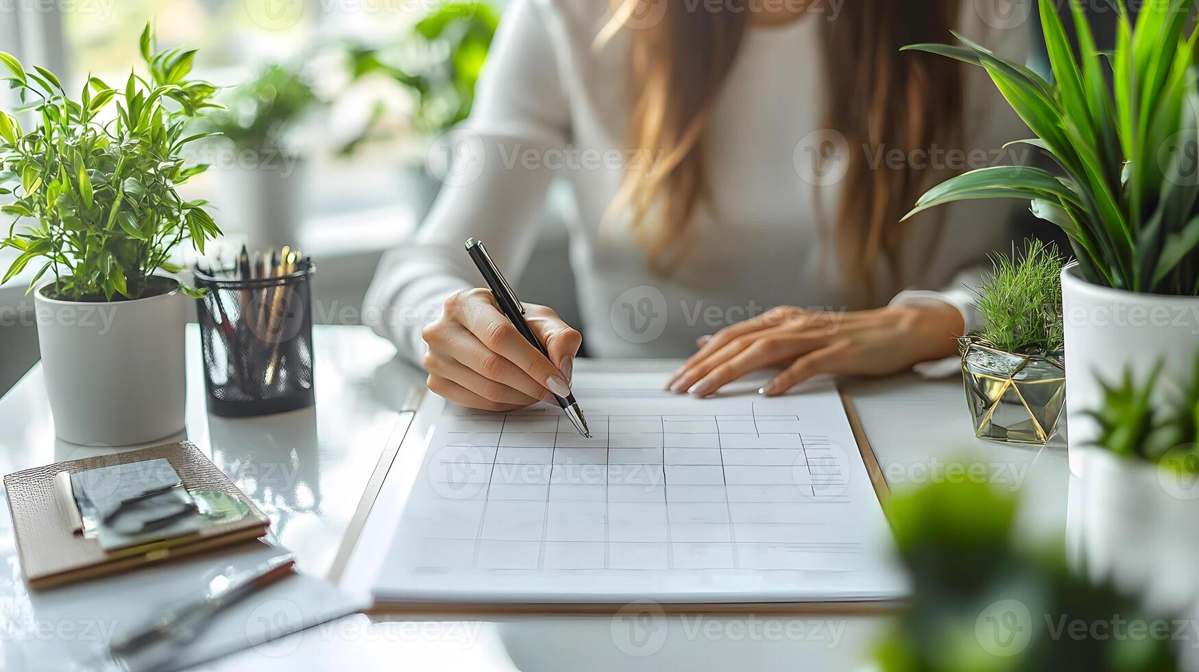 Person writing in a calendar with a pen planning a productive week on a clean desk photo